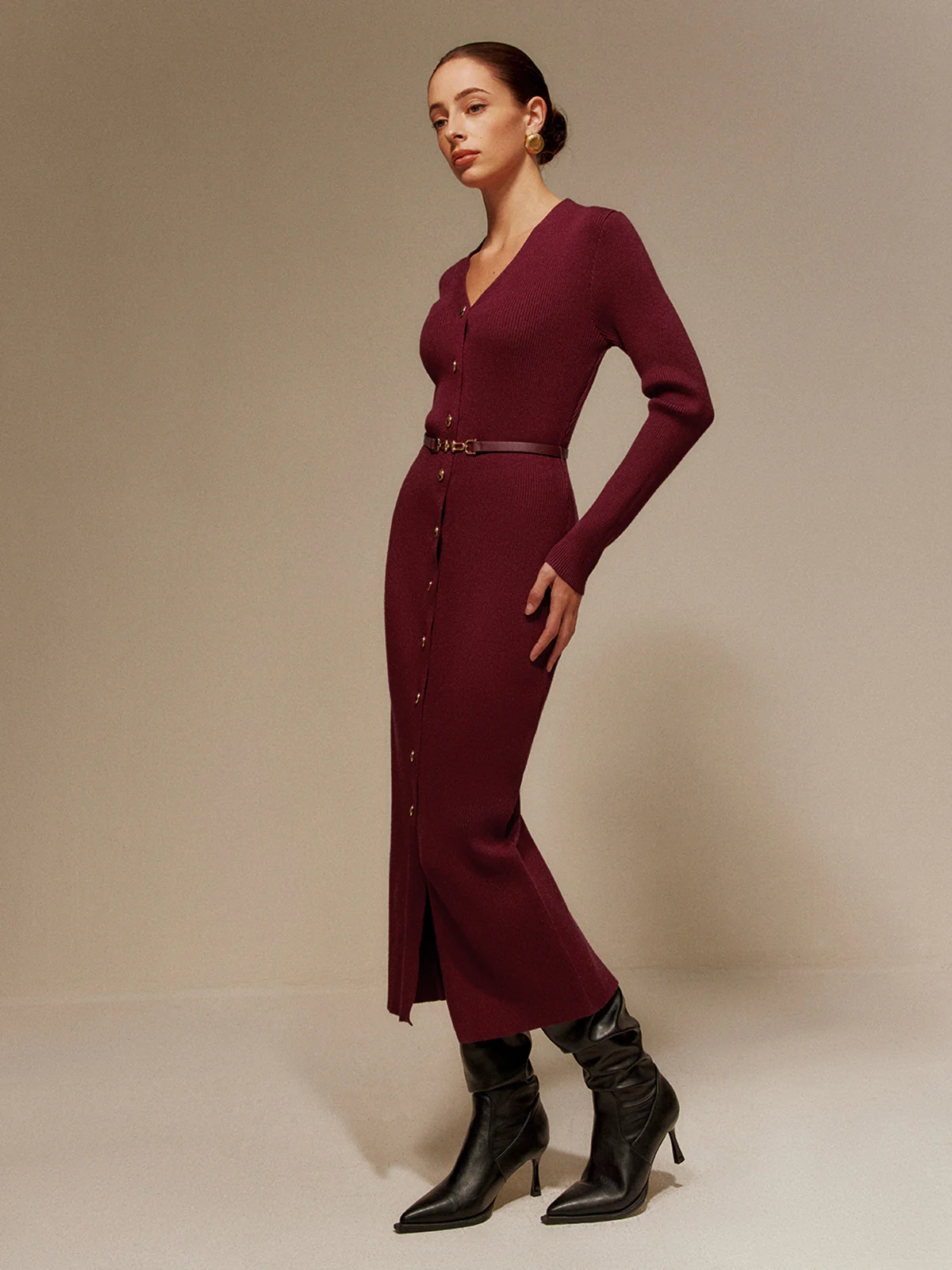 V-Neck Breasted Belted Sweater Long Dress - Takermore