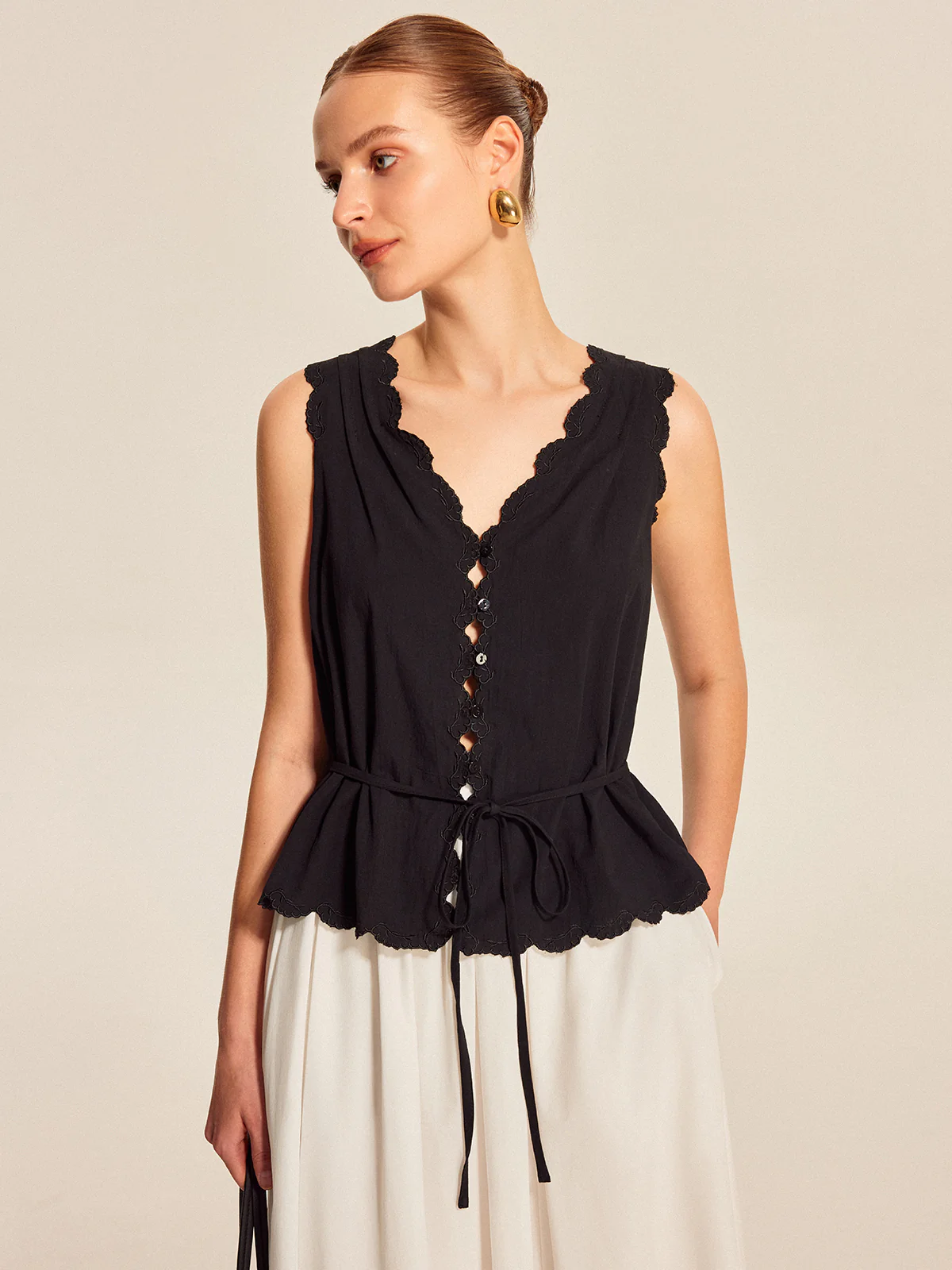 Lace-Trim Scalloped Button-Up Top - Takermore