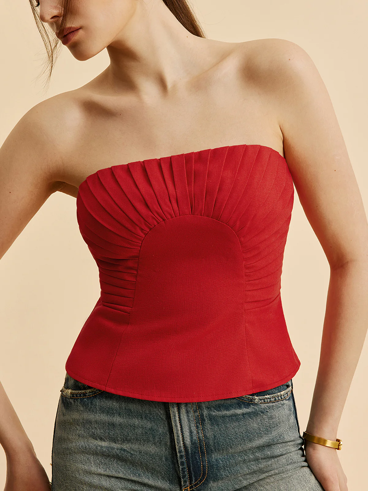 Cotton & Linen Pleated Strapless Top - Takermore