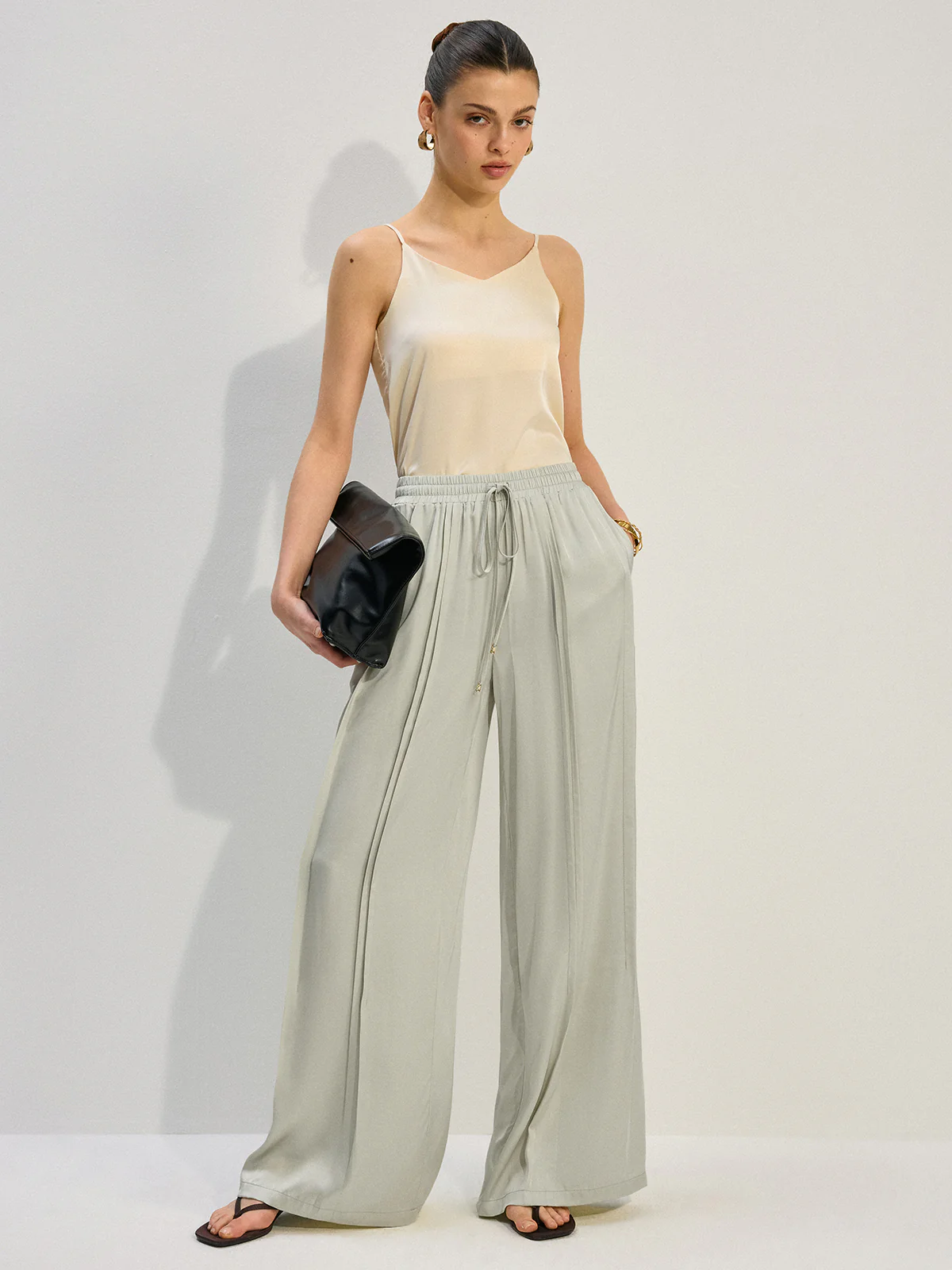Tencel Rayon Satin Wide-Leg Pants with Pleats - Takermore