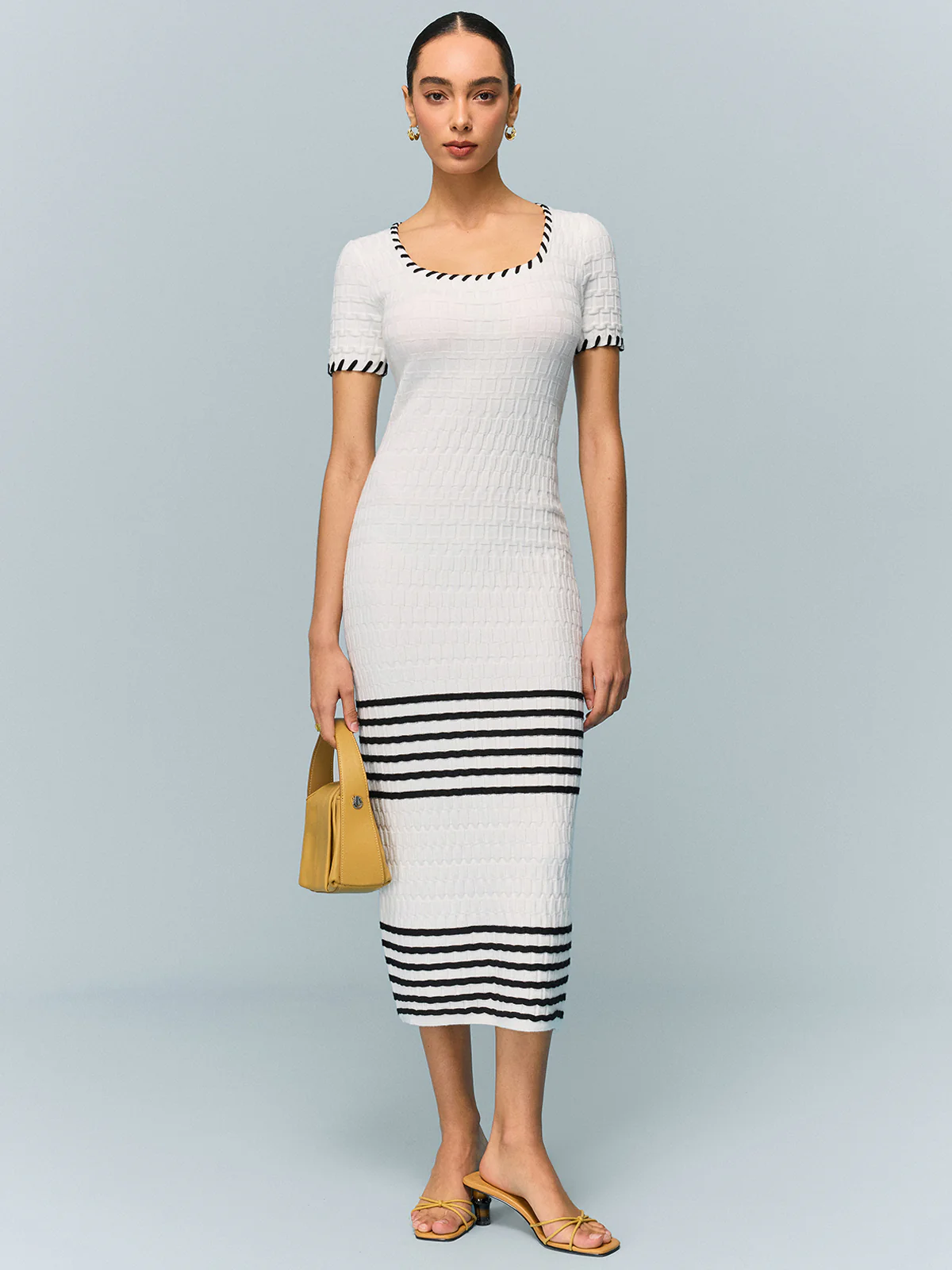 Textured Knit Midi Dress with Striped Hem - Takermore
