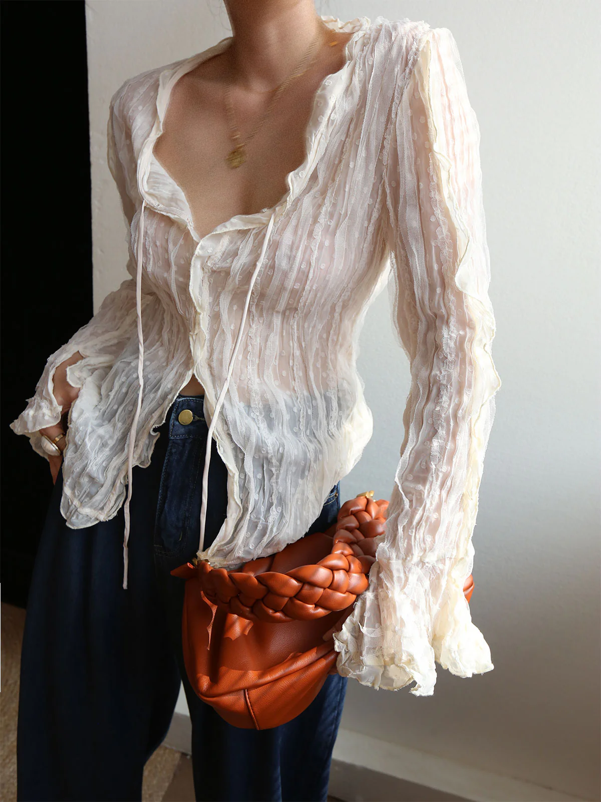 Chiffon Sheer Lettuce Trim Long Sleeve Blouse - Takermore