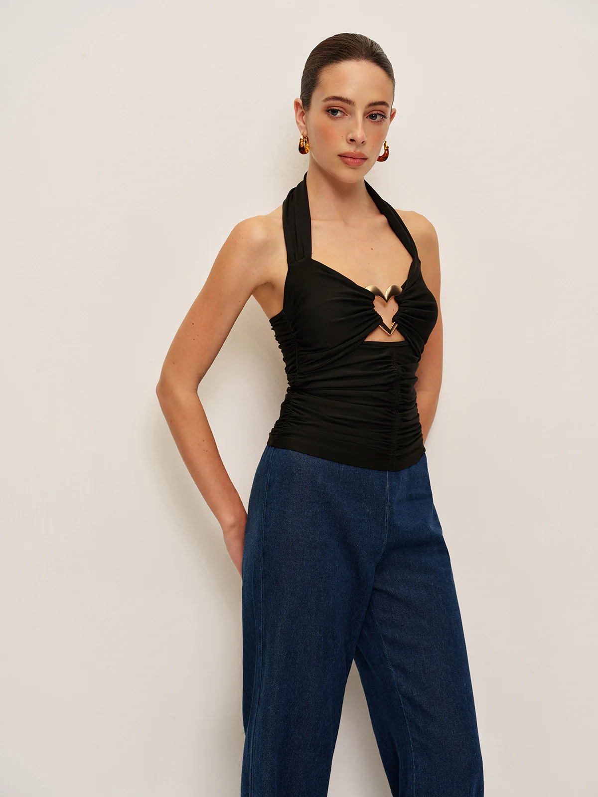 Heart Detail Ruched Halter Top - Takermore