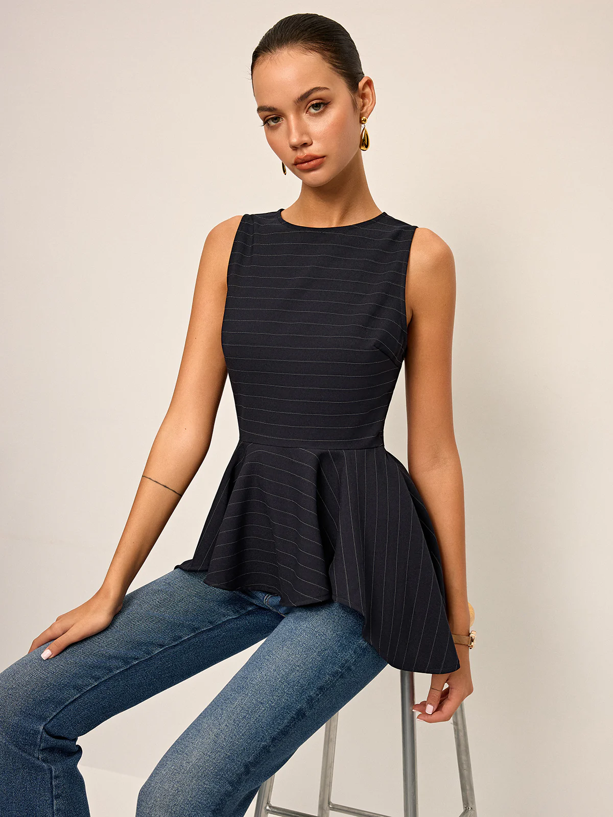 Striped Peplum Hem Sleeveless Top - Takermore