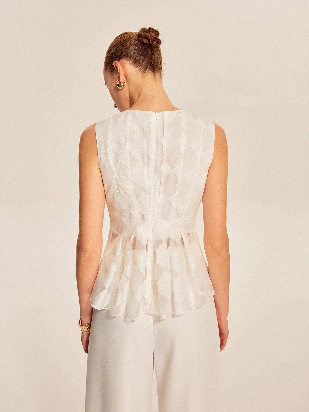 Semi-Sheer Geometric Peplum Top - Takermore