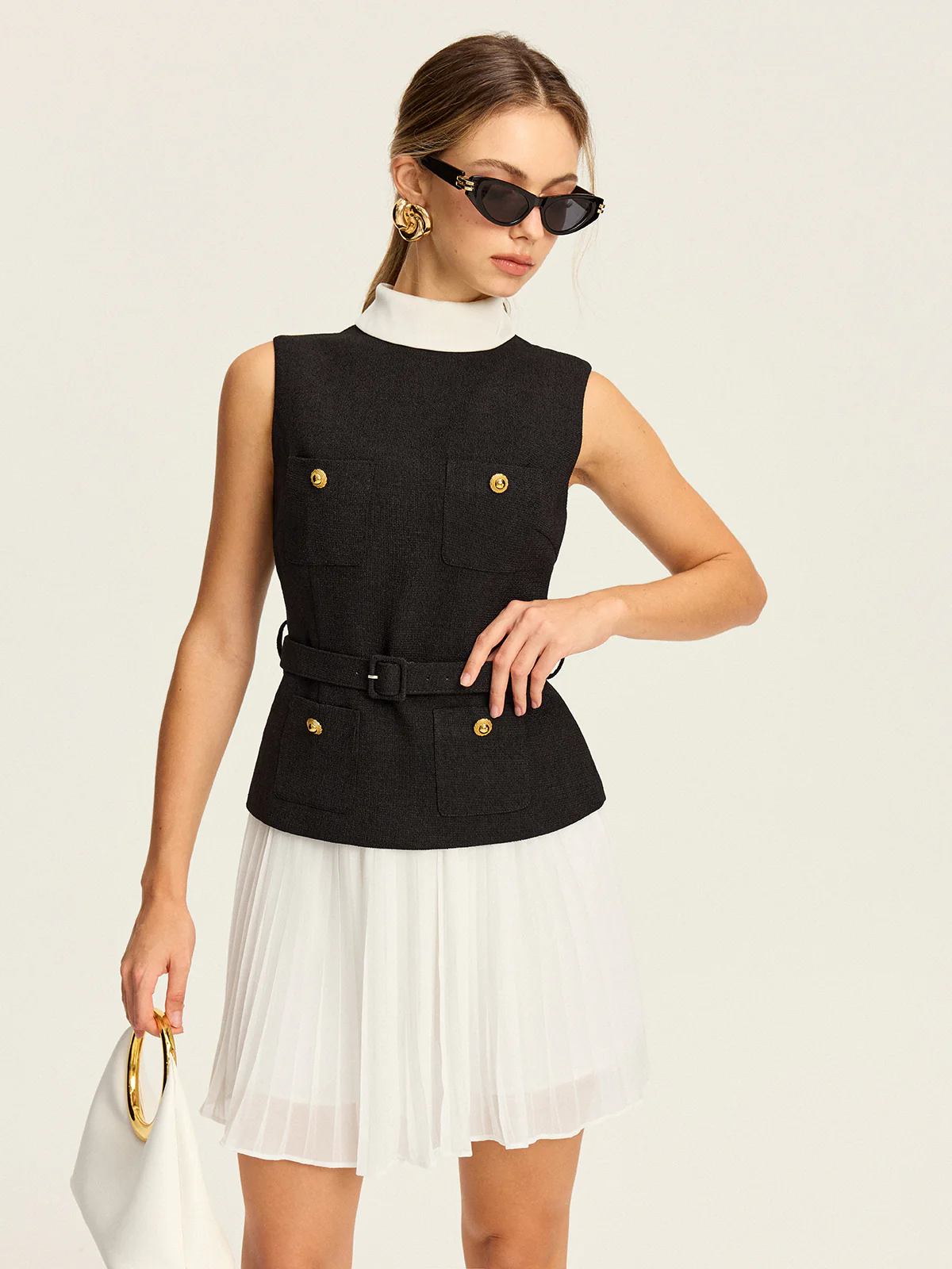 Sleeveless Belted Vest and Pleated Skirt Set - Takermore