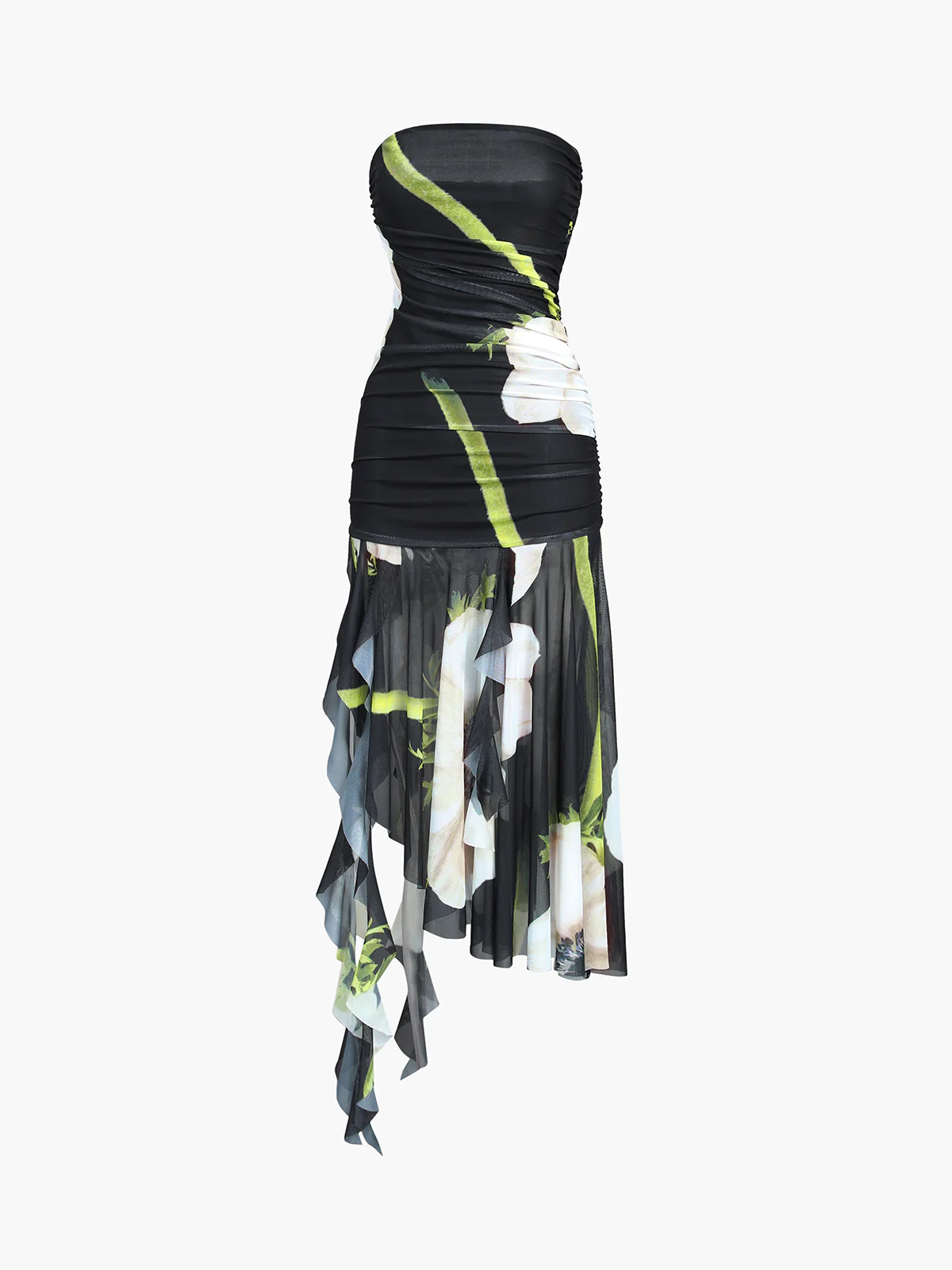 Gardenia Floral Mesh Pleat Tube Midi Dress - Takermore