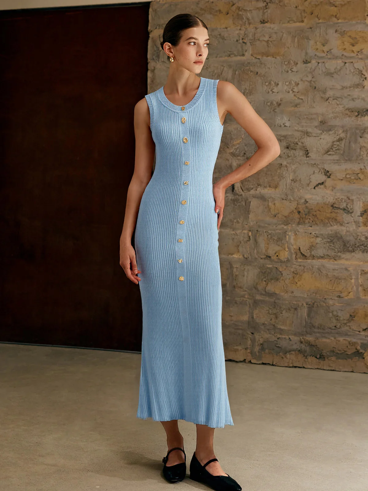 Sleeveless Button-Front Knitted Maxi Dress - Takermore