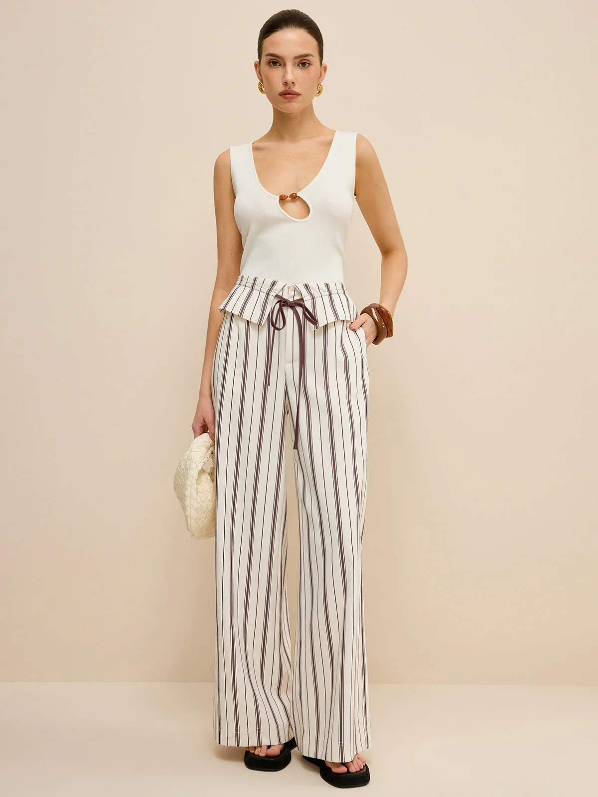 Striped Wide-Leg Pants with Peplum Waist - Takermore