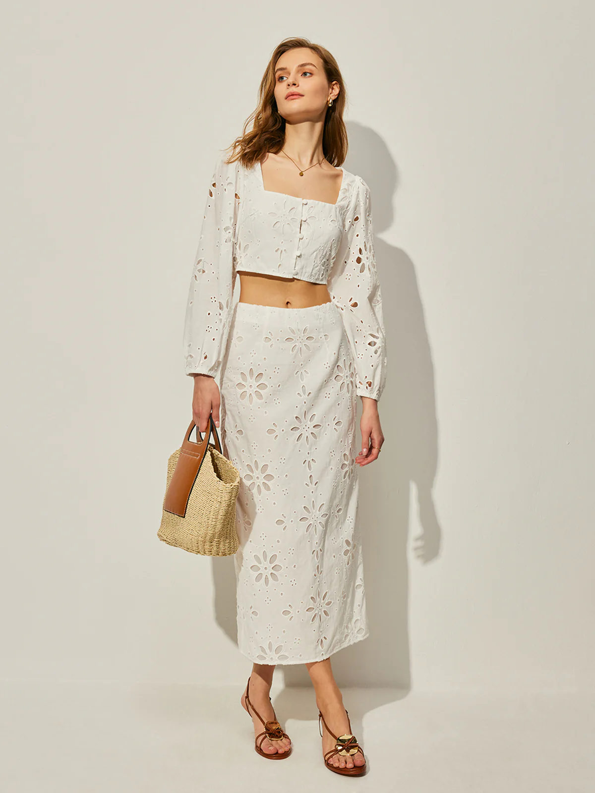 Cotton Hollow Floral Skirt Set - Takermore