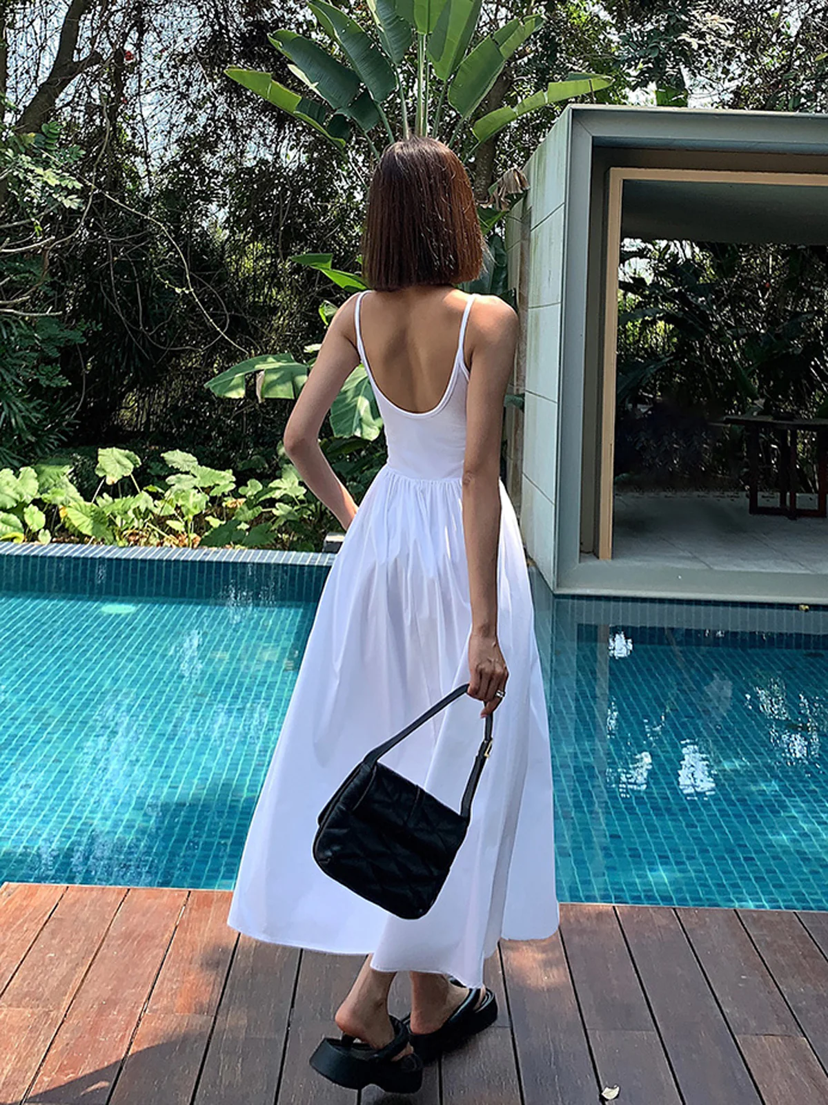 Patchwork Pockets Cotton Cami Midi Dress - Takermore