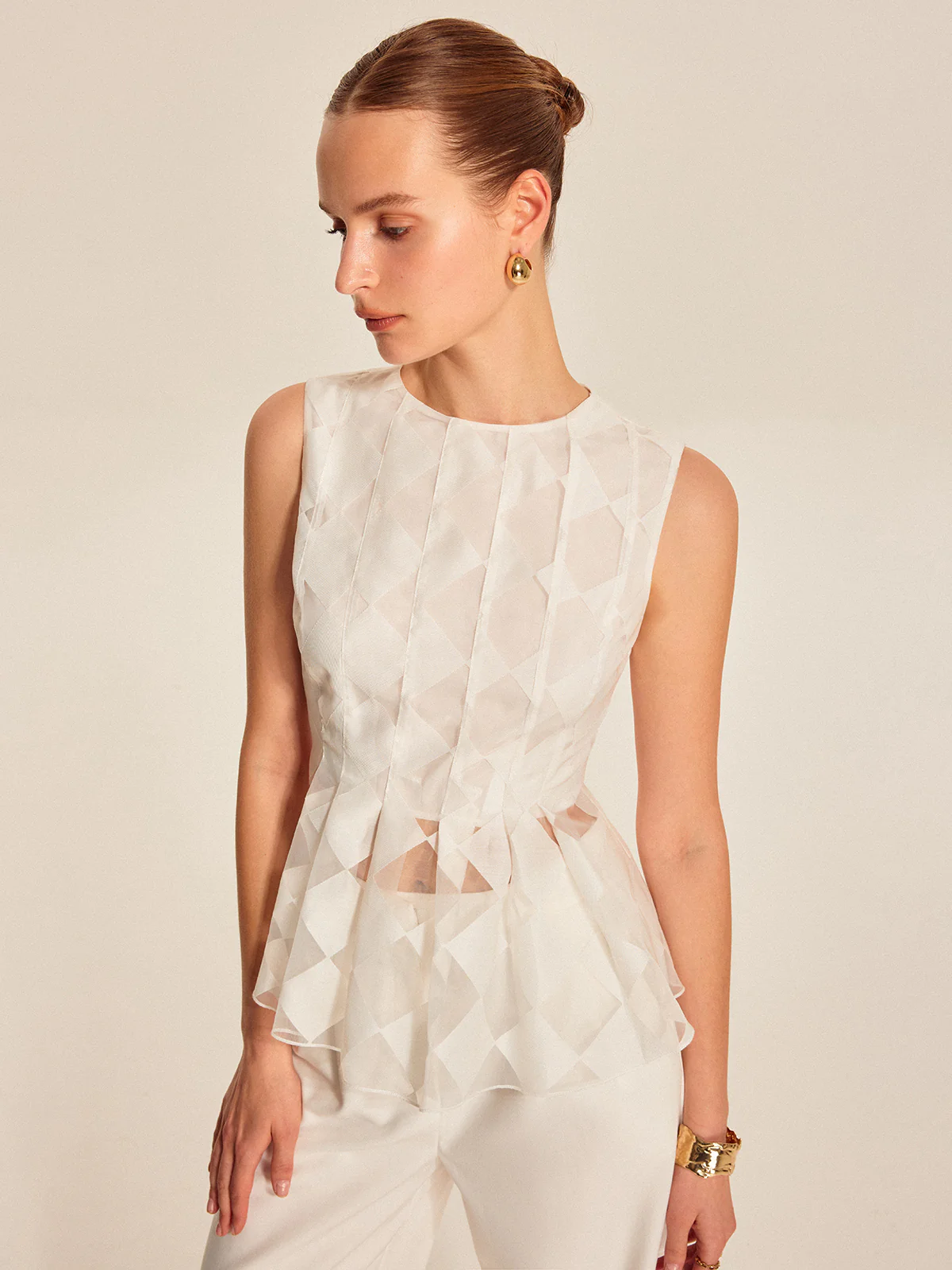 Semi-Sheer Geometric Peplum Top - Takermore