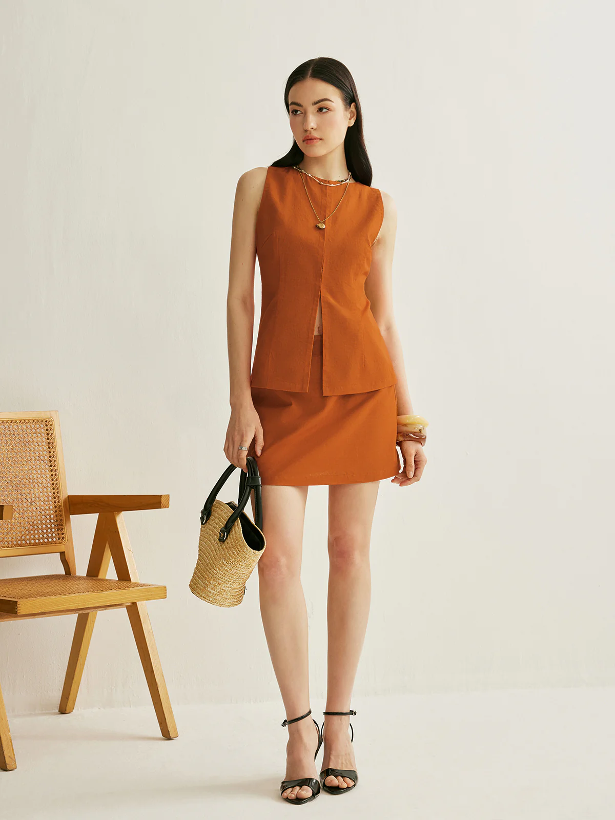 Split Front Belted Skirt Set - Takermore