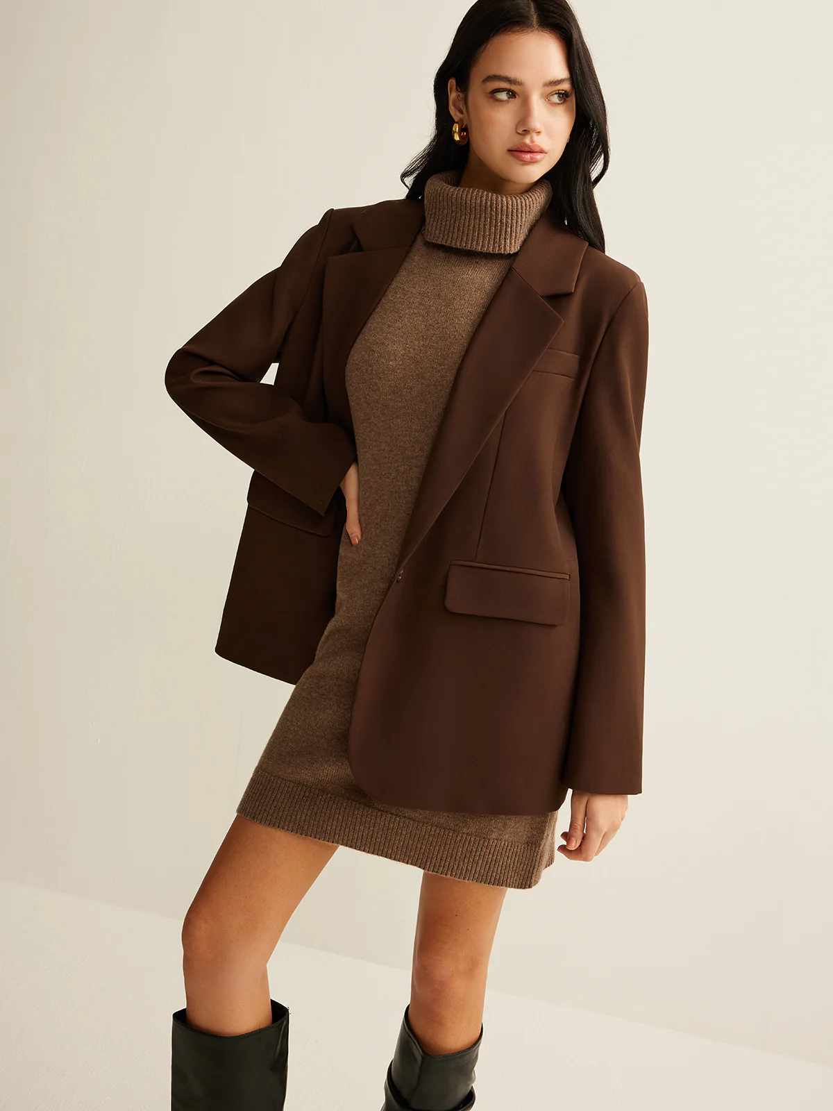 Wool-Blend Turtleneck Sweater Dress Without Belt - Takermore