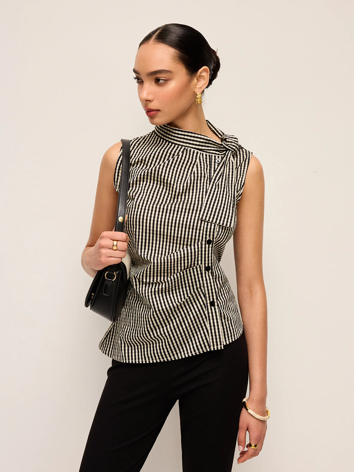 Asymmetric Neck Gingham Button Top - Takermore