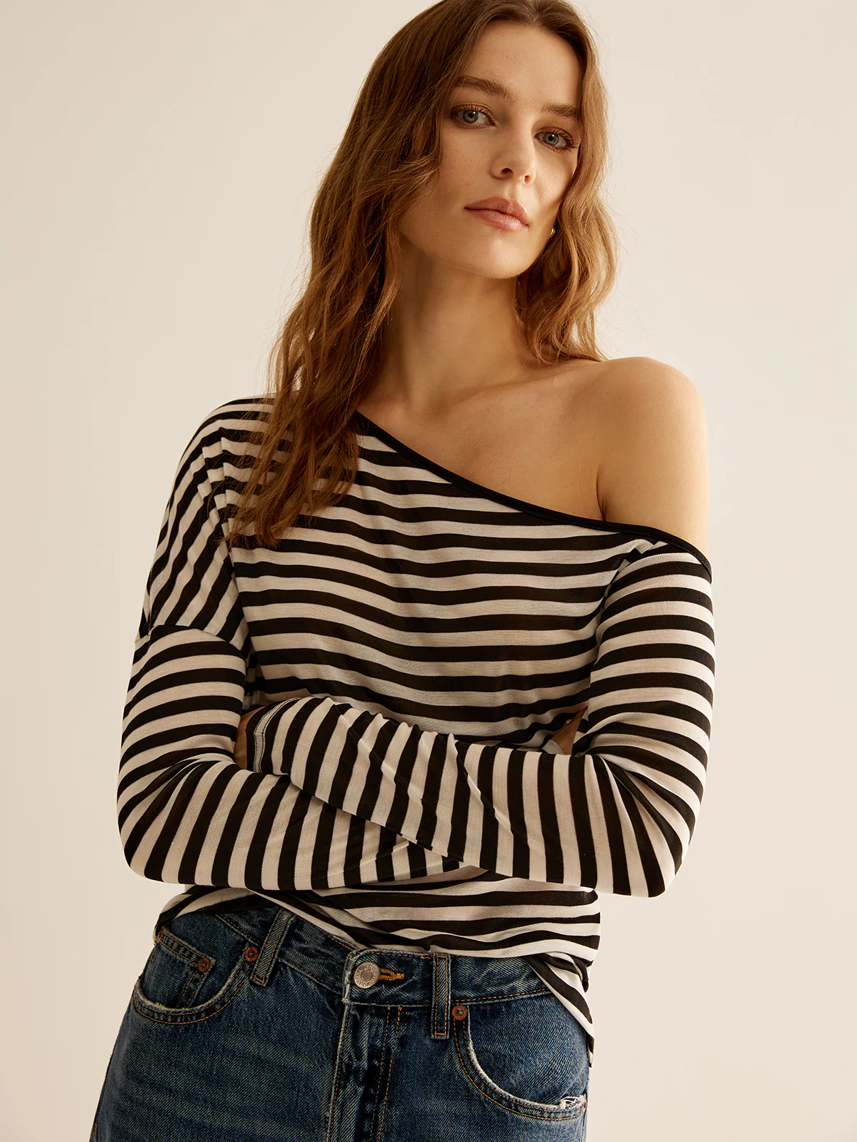 Asymmetrical Collar Striped T-Shirt - Takermore