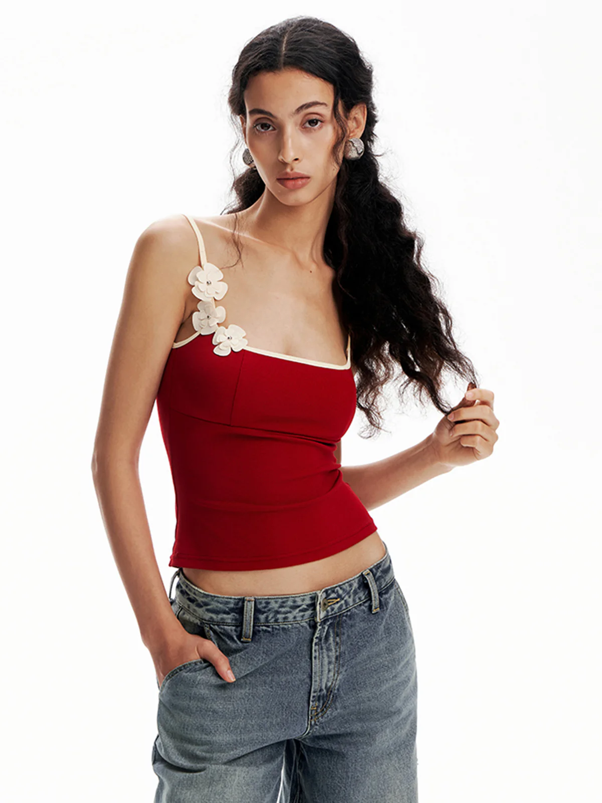 Floral Contrast Trim Bodycon Cami Top - Takermore