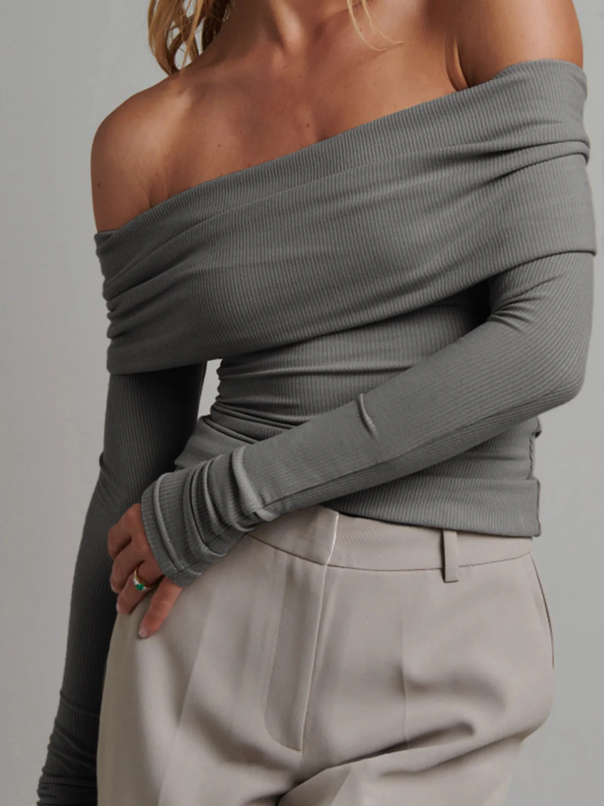 Off Shoulder Overfold Long Sleeve Crop Shirt - Takermore