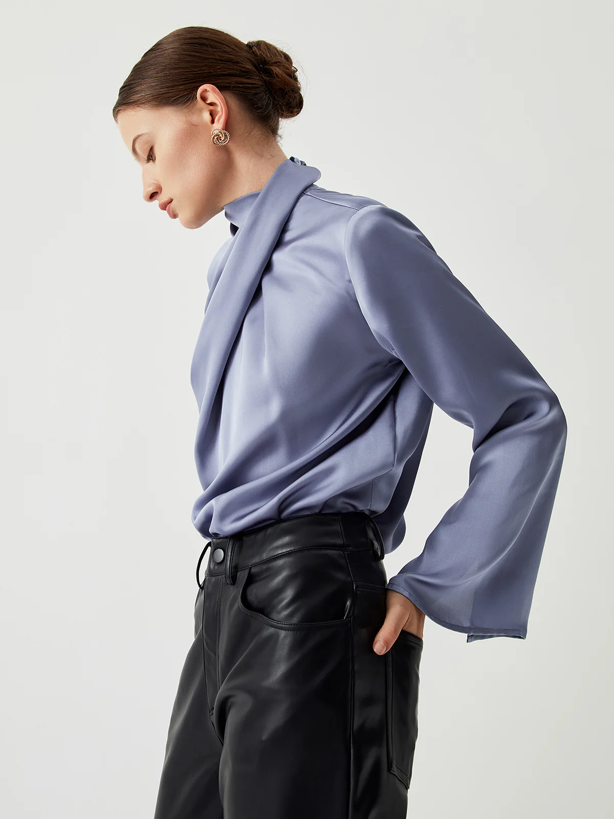 Asymmetric Pleated Turtleneck Satin Blouse - Takermore
