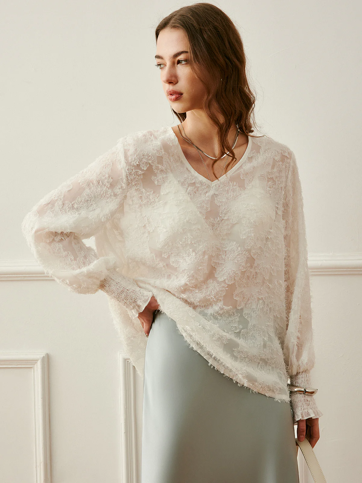 Semi-Sheer V-Neck Lantern Sleeve Embroidered Top - Takermore