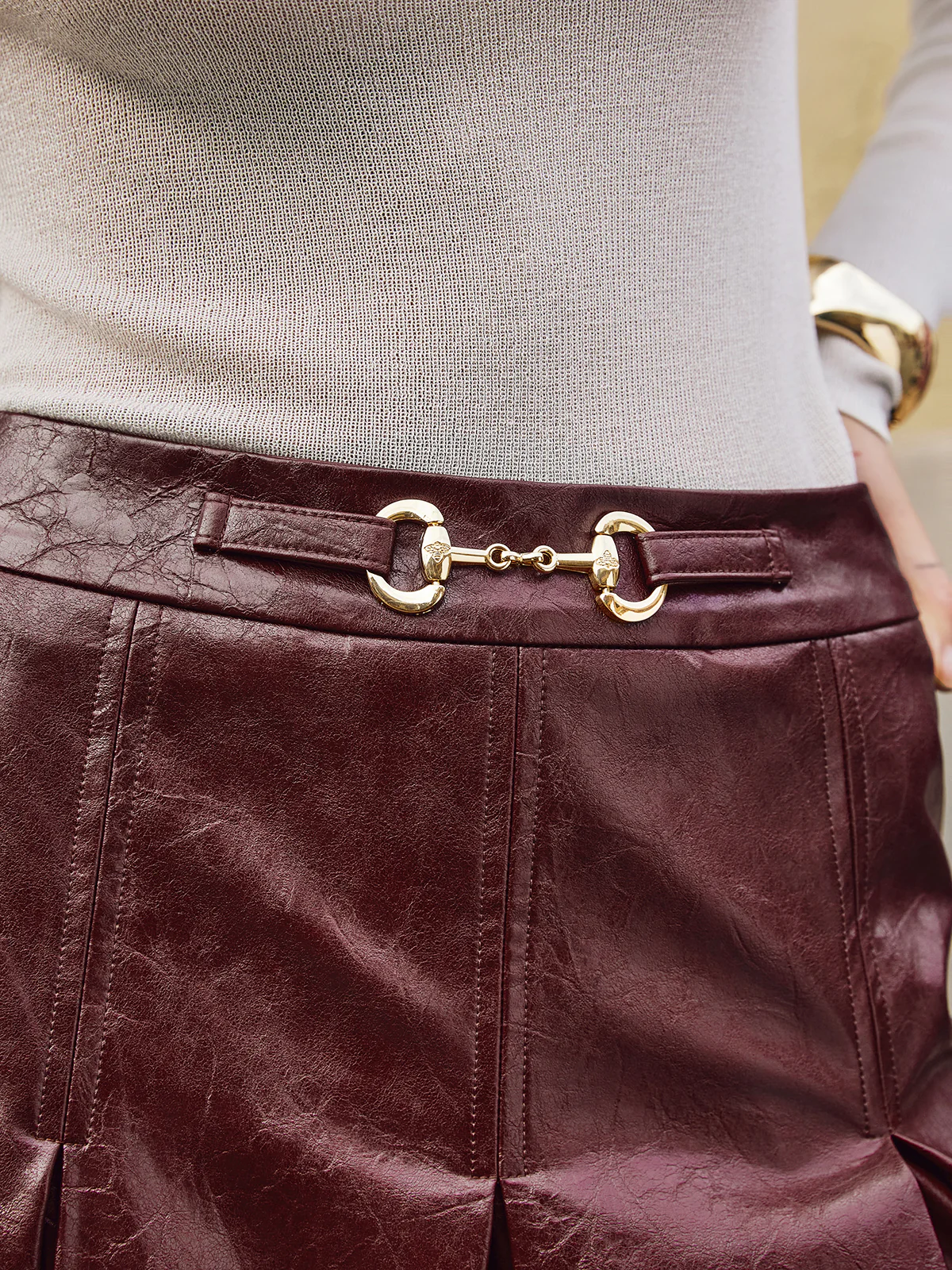 Metal-Detail Pleated Faux Leather Skirt - Takermore