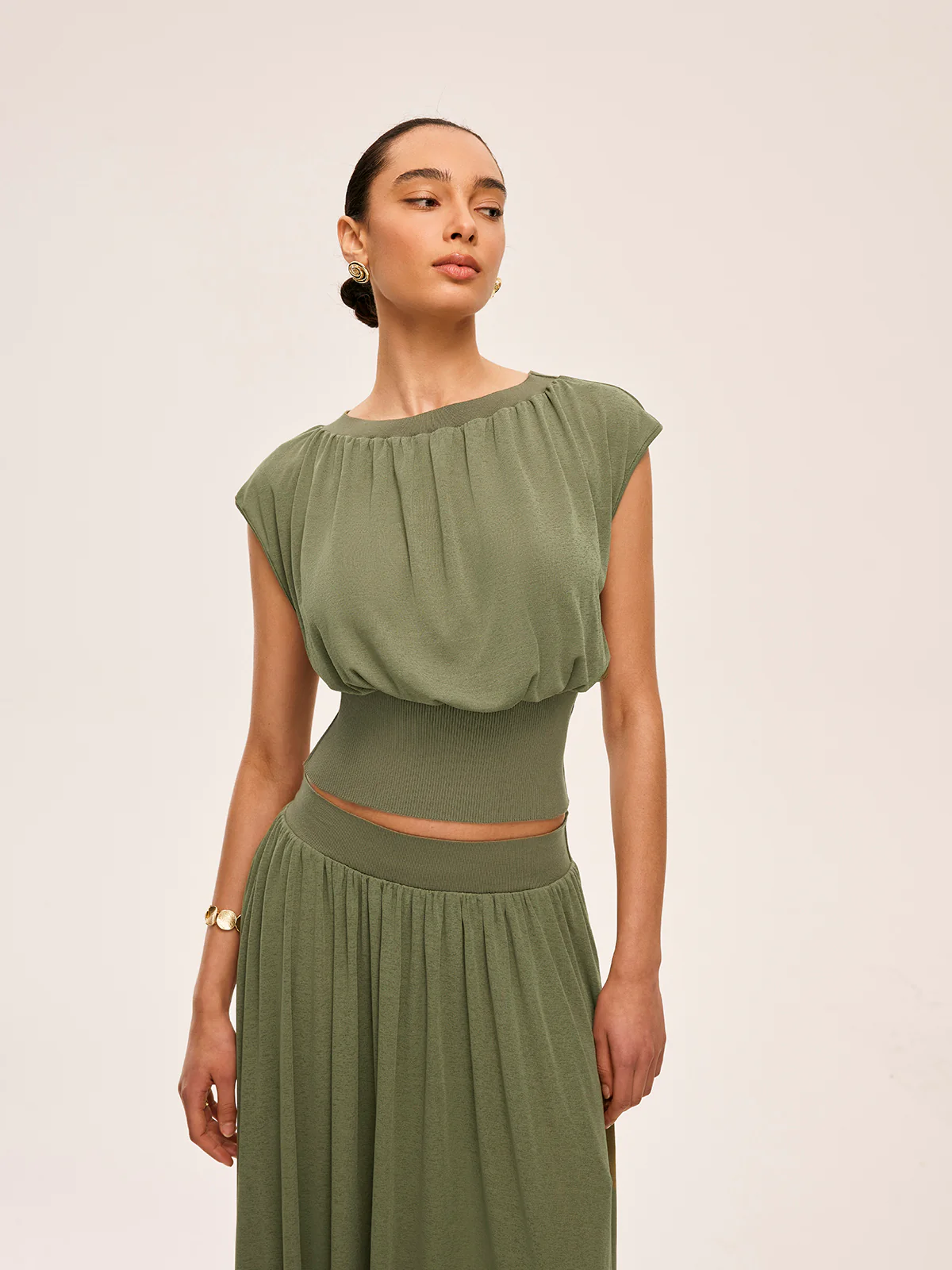 Gathered Waist Top With Flowy Skirt Set - Takermore