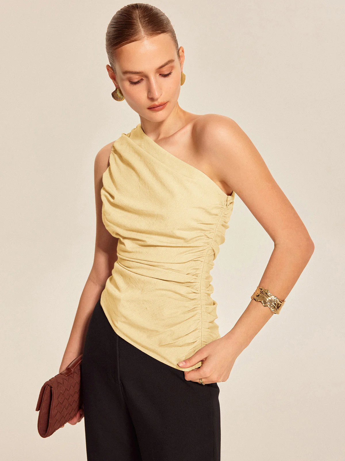 Ruched Side One-Shoulder Top - Takermore