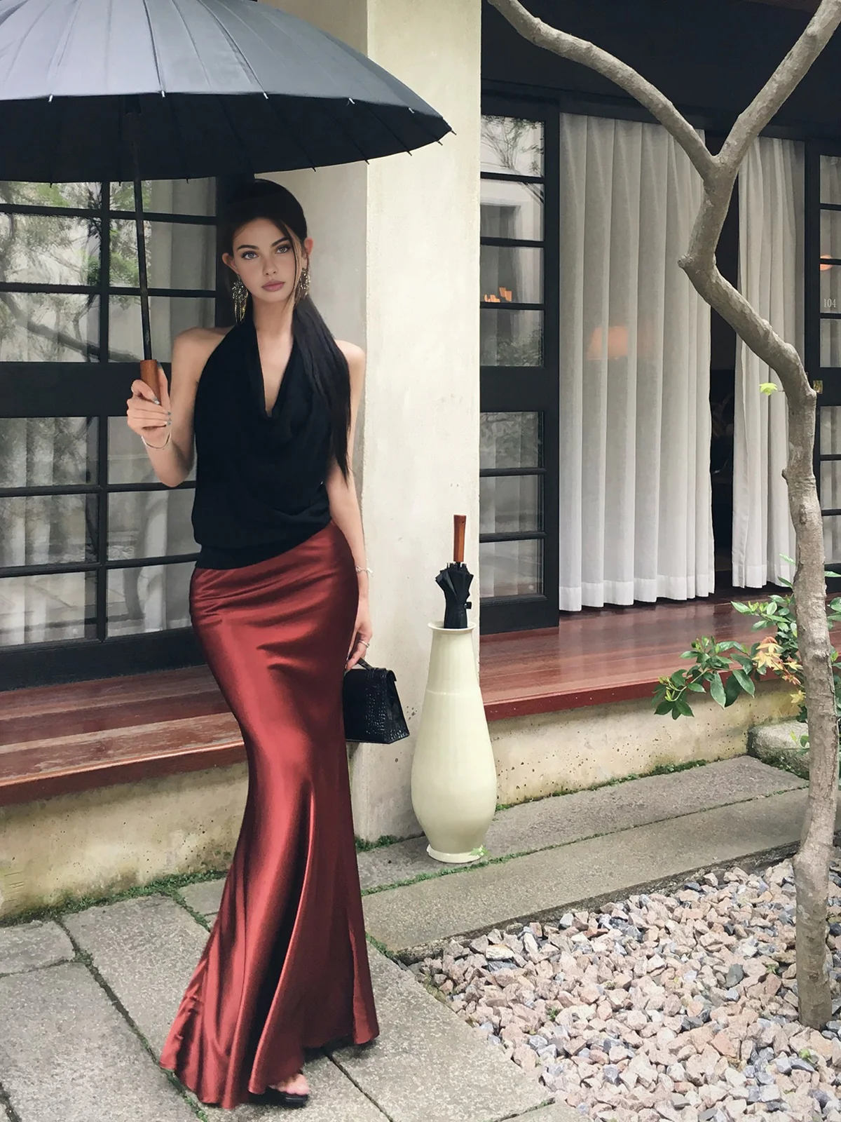 Pleated Satin Maxi Skirt - Takermore