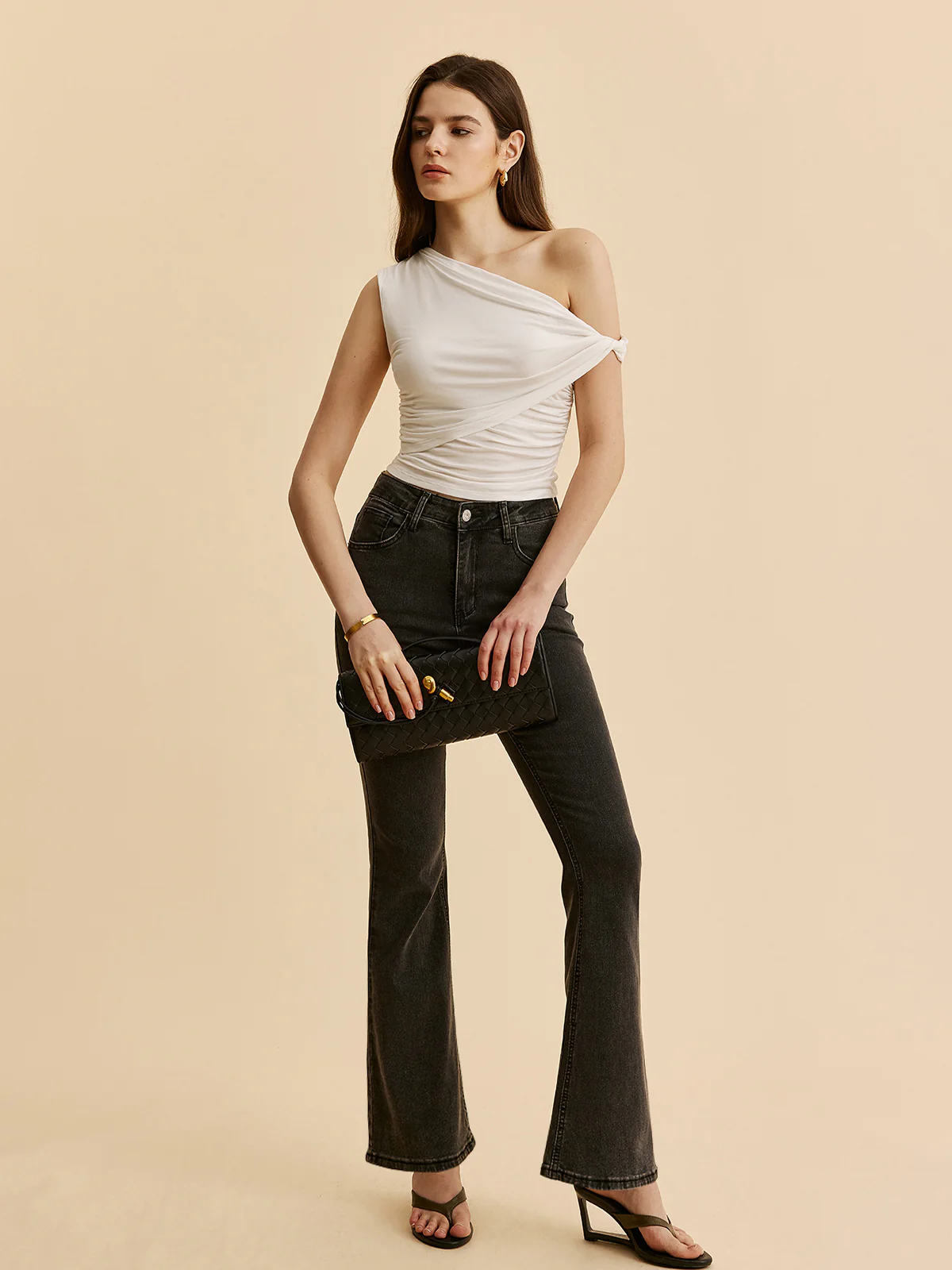 Asymmetrical Ruched One-Shoulder Top - Takermore