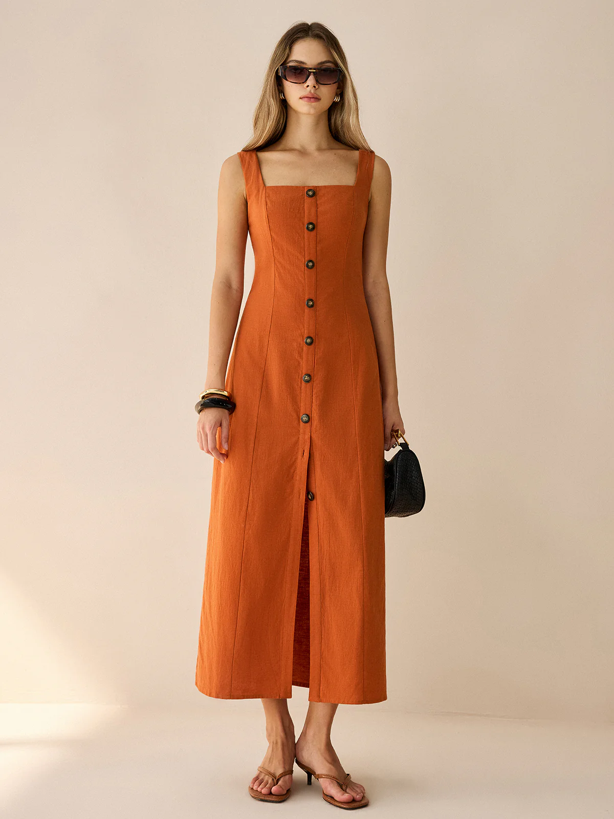 Square-Neck Button-Front Maxi Dress with Slit - Takermore