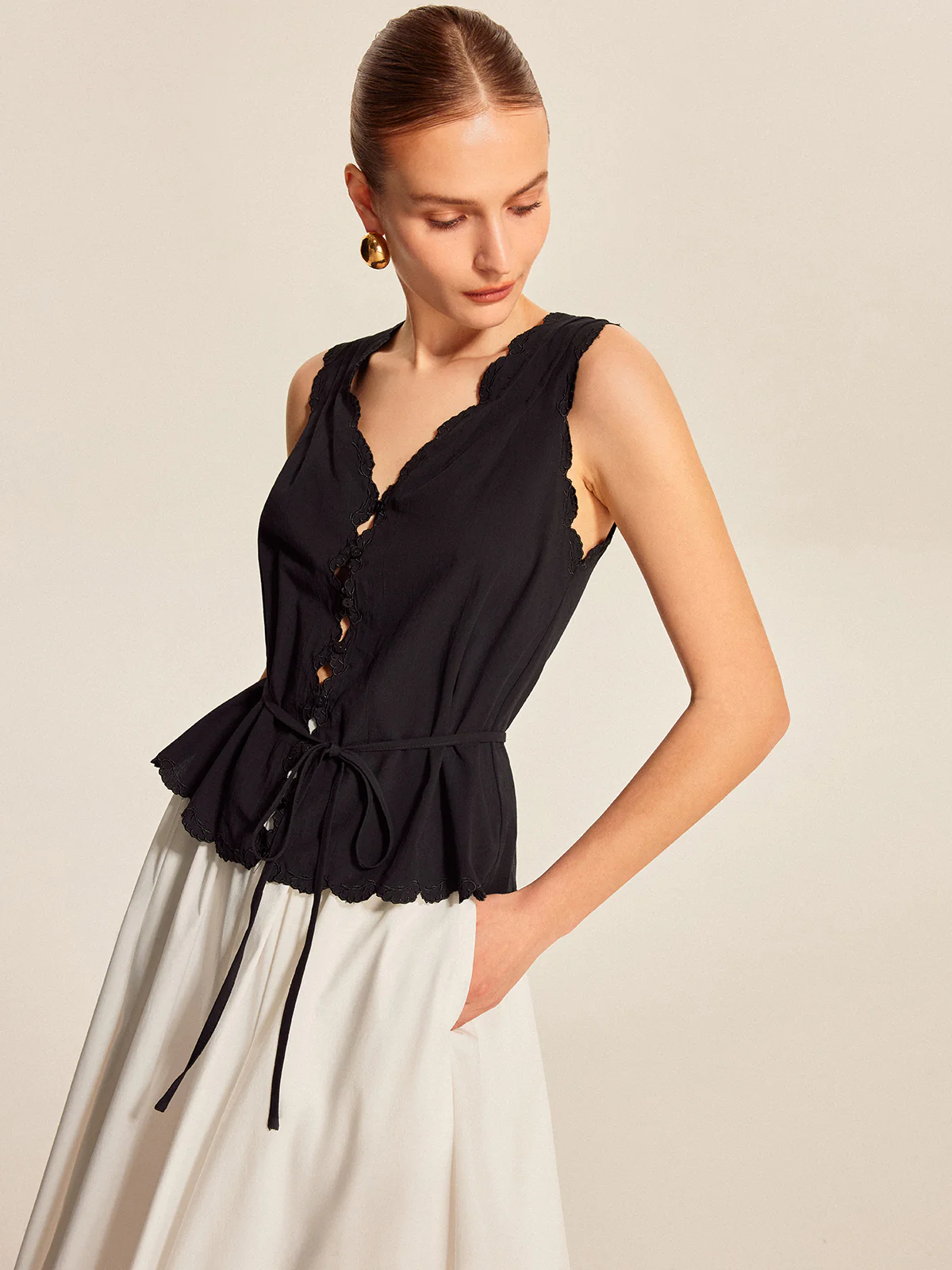 Lace-Trim Scalloped Button-Up Top - Takermore