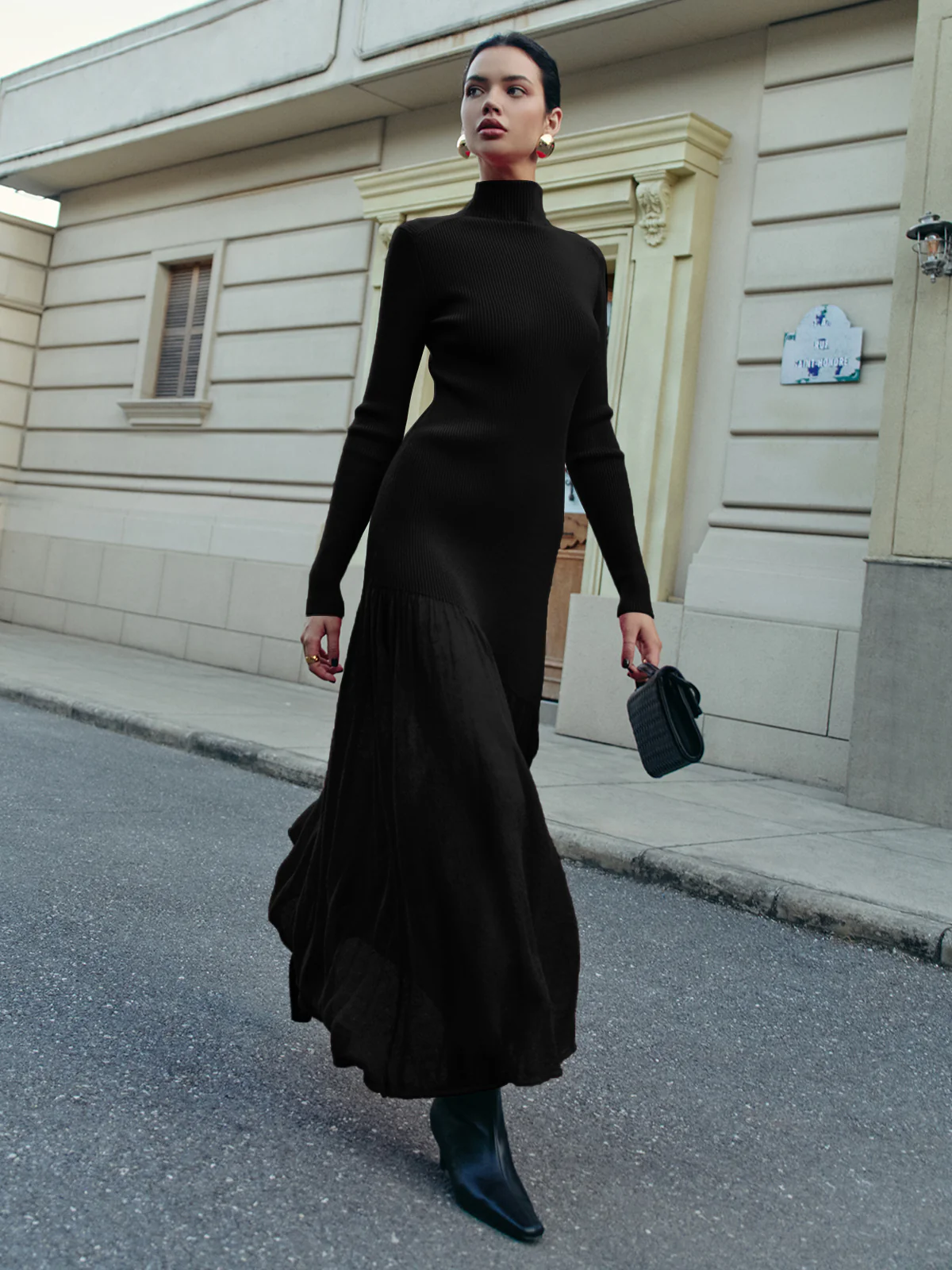 Mock Neck  Pleated Panel Sweater Dress - Takermore