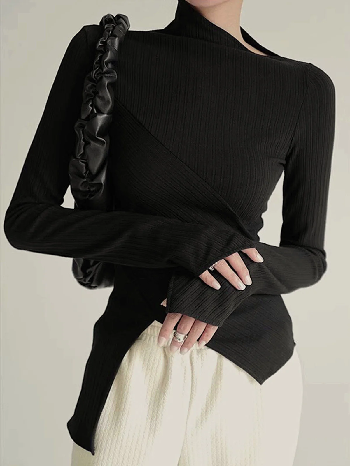 Asymmetrical Long Sleeve Slim Top - Takermore