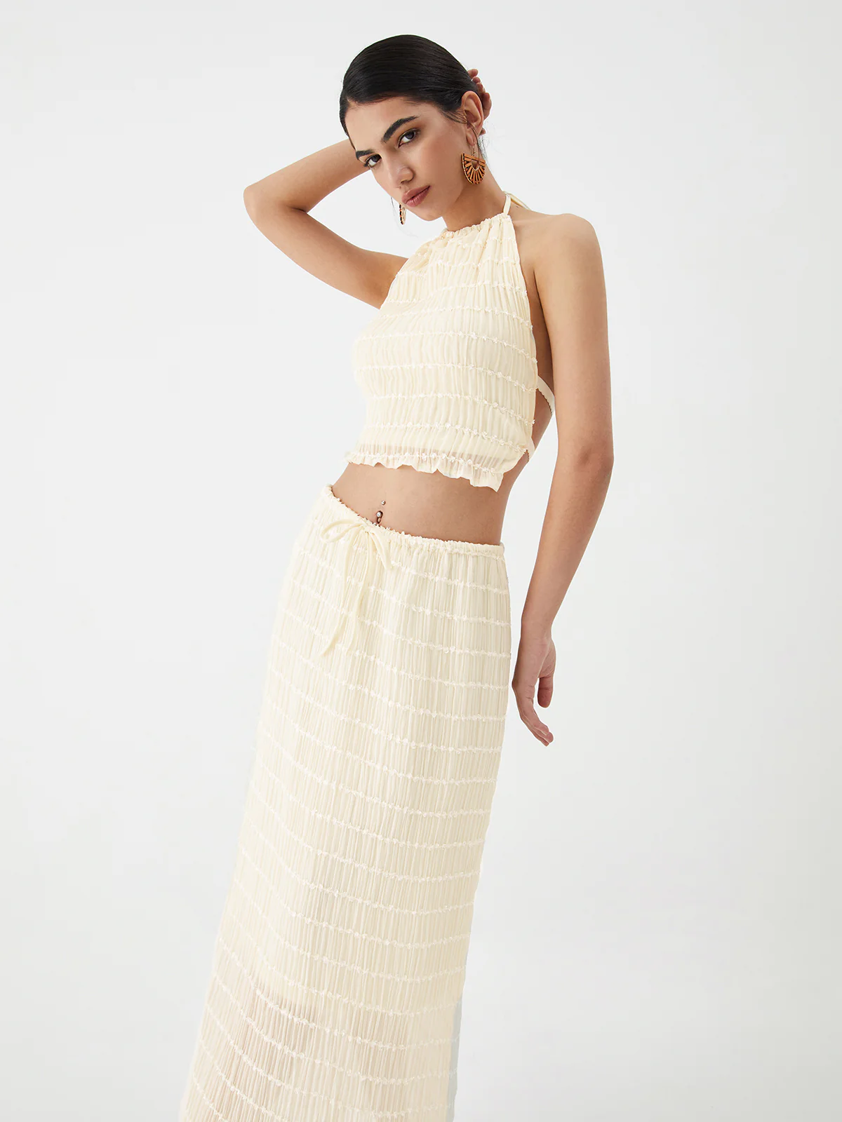 Backless Halter Top With Pleated Maxi Skirt Set - Takermore