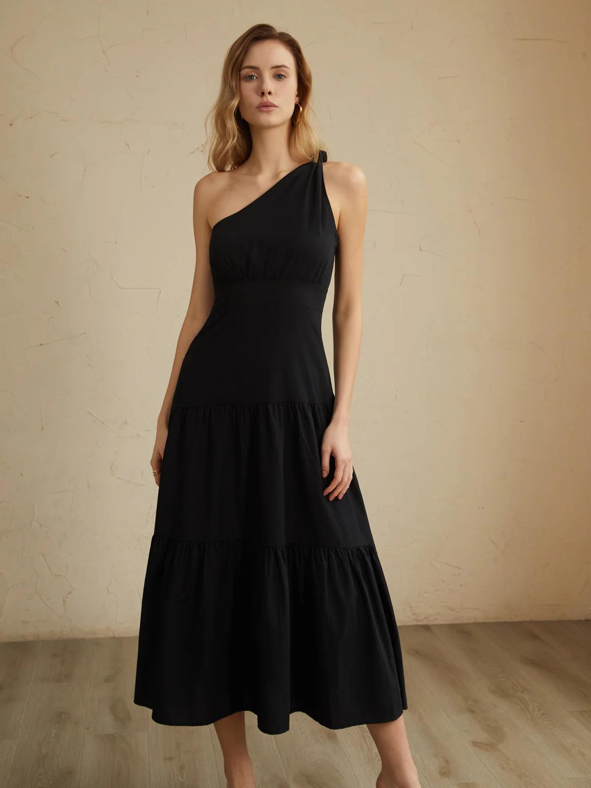 Asymmetric Shoulder Knotted Midi Dress - Takermore