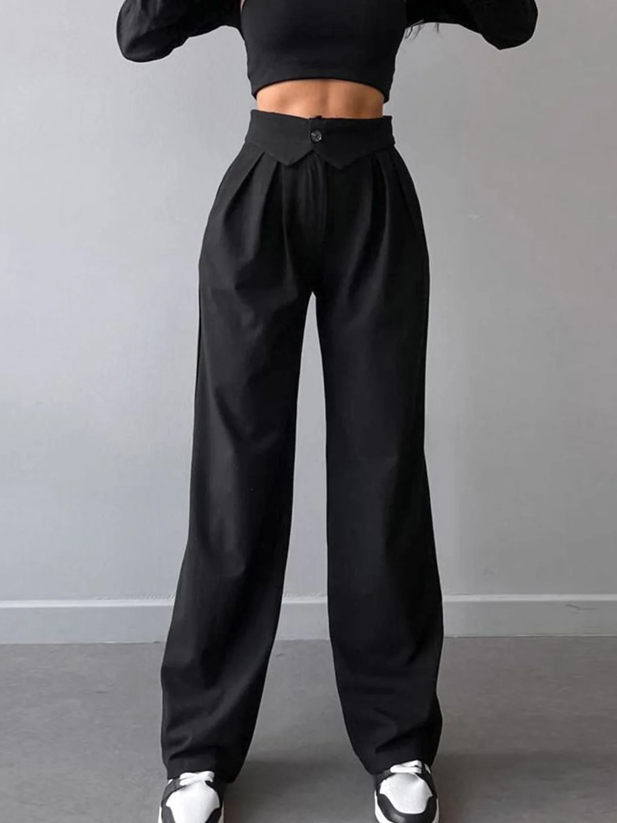 Street Fold Over Waistband Straight Leg Dress Pants - Takermore