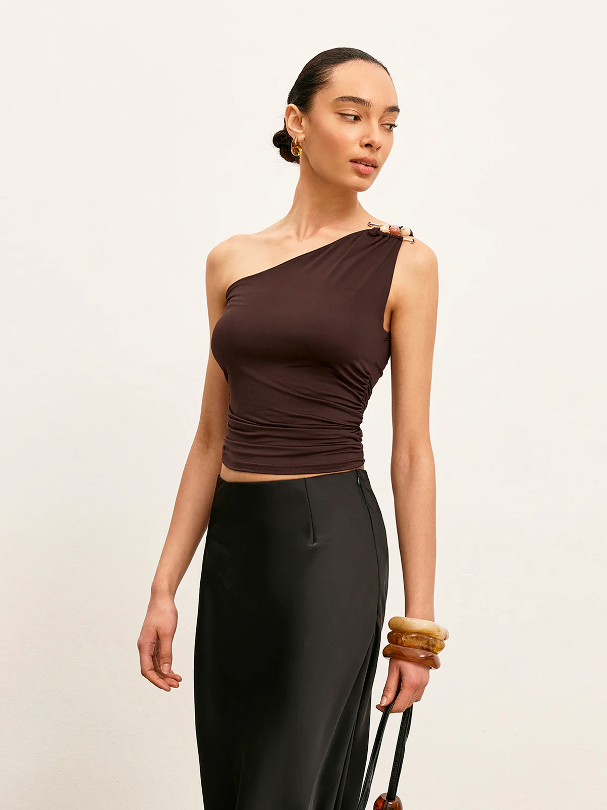 One-Shoulder Metal Detail Ruched Top - Takermore