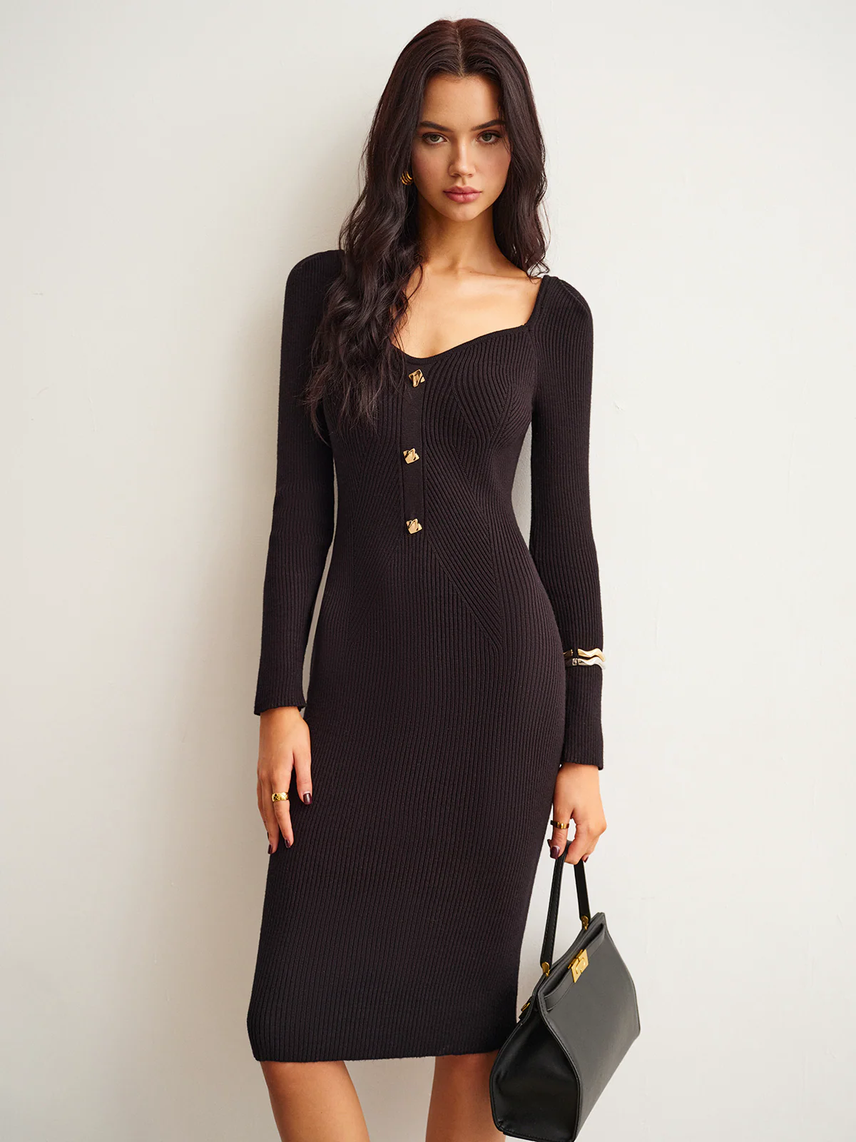Ribbed Slim Sweater Midi Dress - Takermore