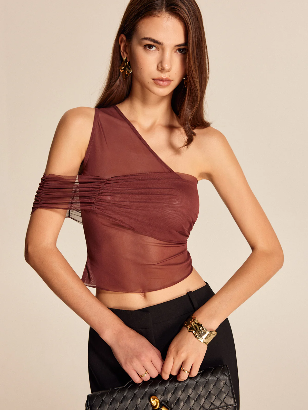 Semi-Sheer One-Shoulder Mesh Top - Takermore