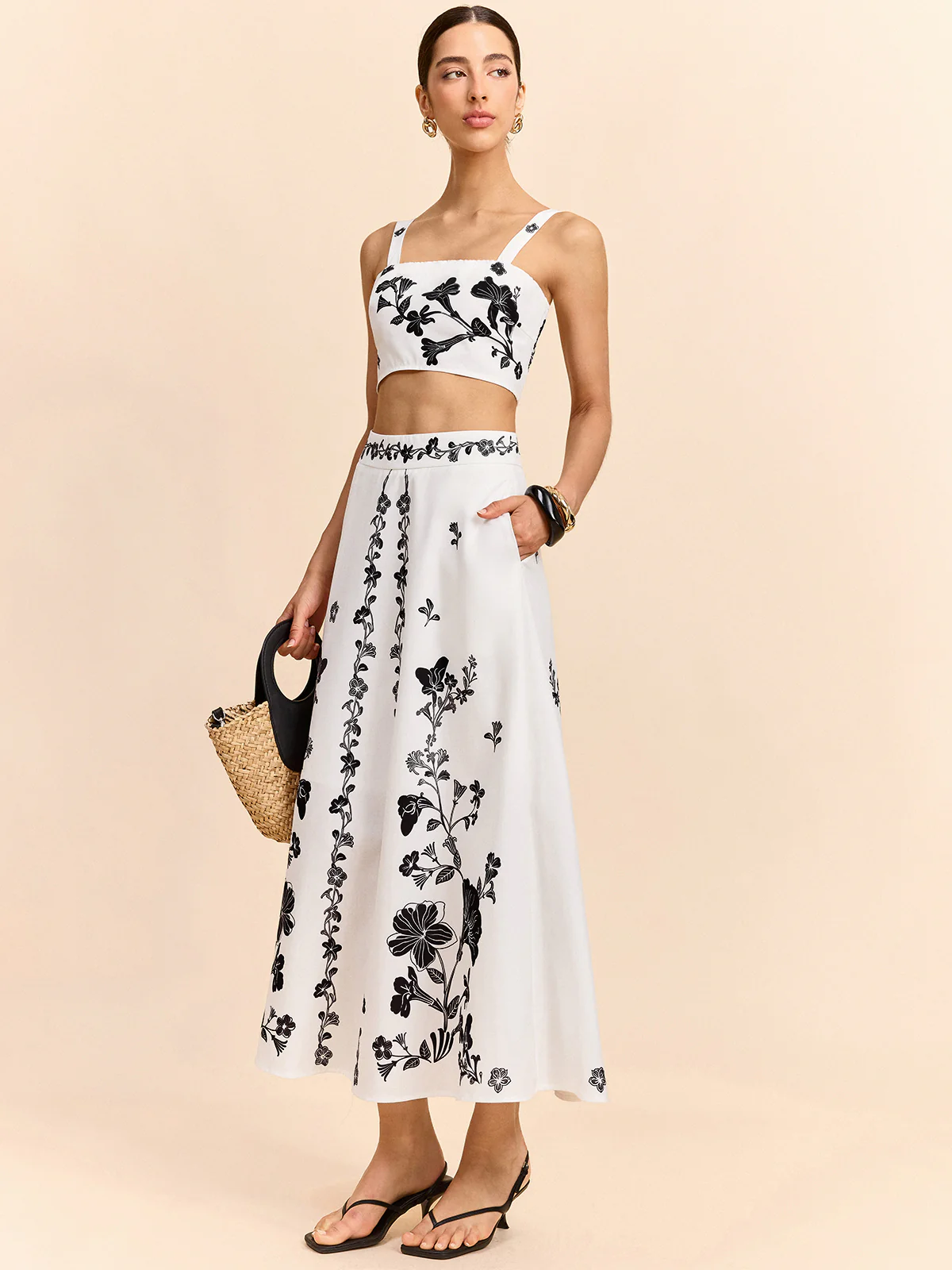 Floral Embroidered Crop Top and Midi Skirt Set - Takermore