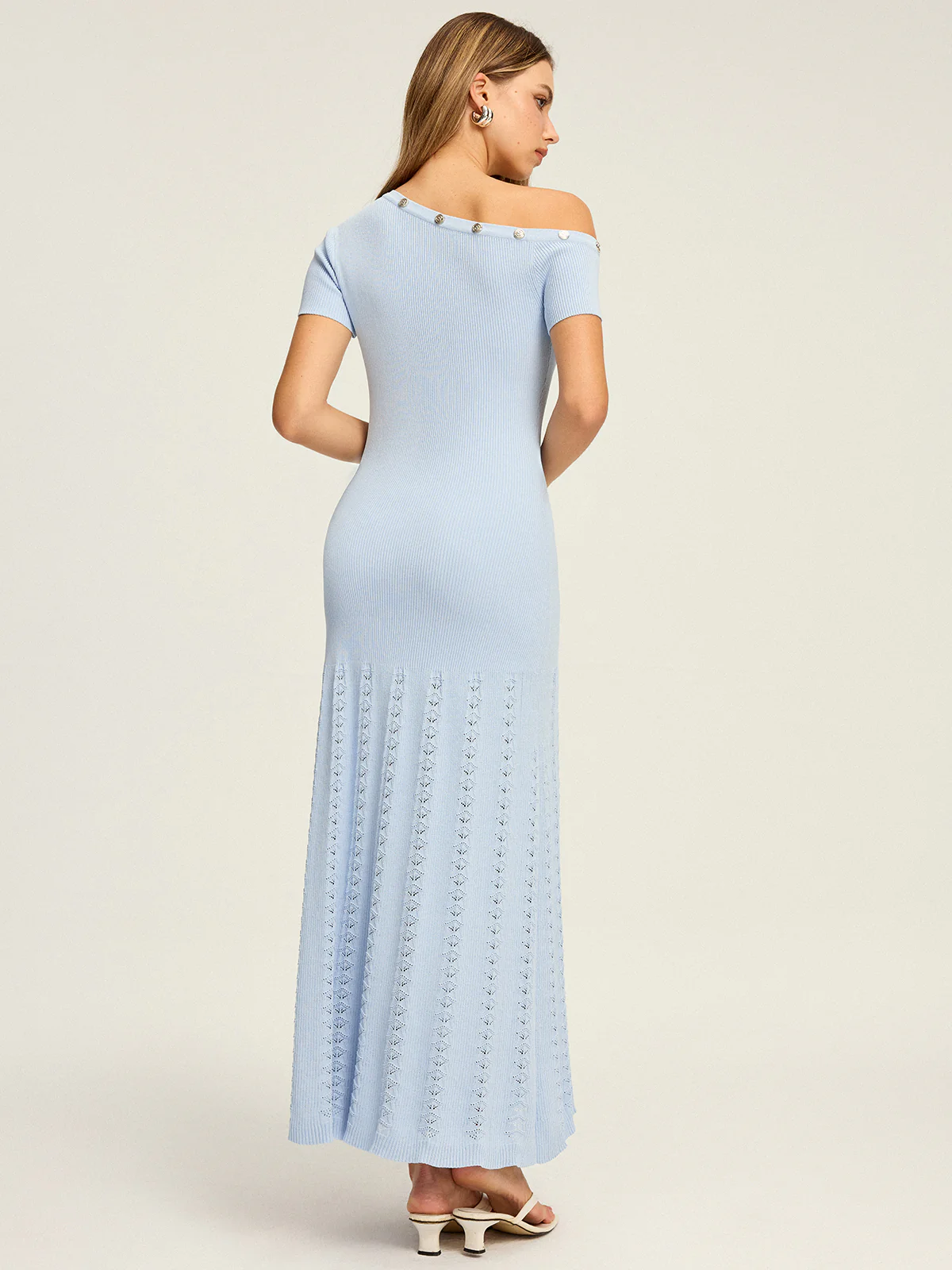 One-Shoulder Button Detail Knit Maxi Dress - Takermore
