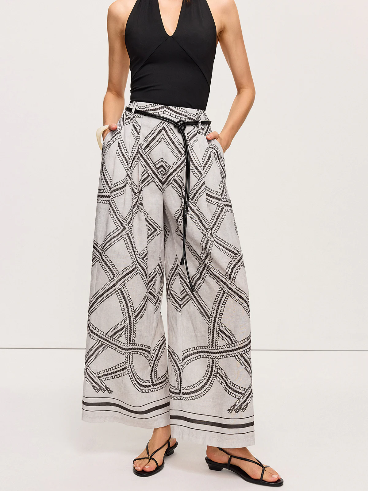 Geometric Print Belted Wide-Leg Pants - Takermore