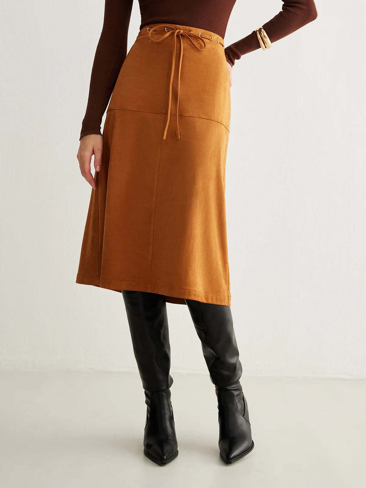 Drawstring Back-Zipper Suede Skirt - Takermore