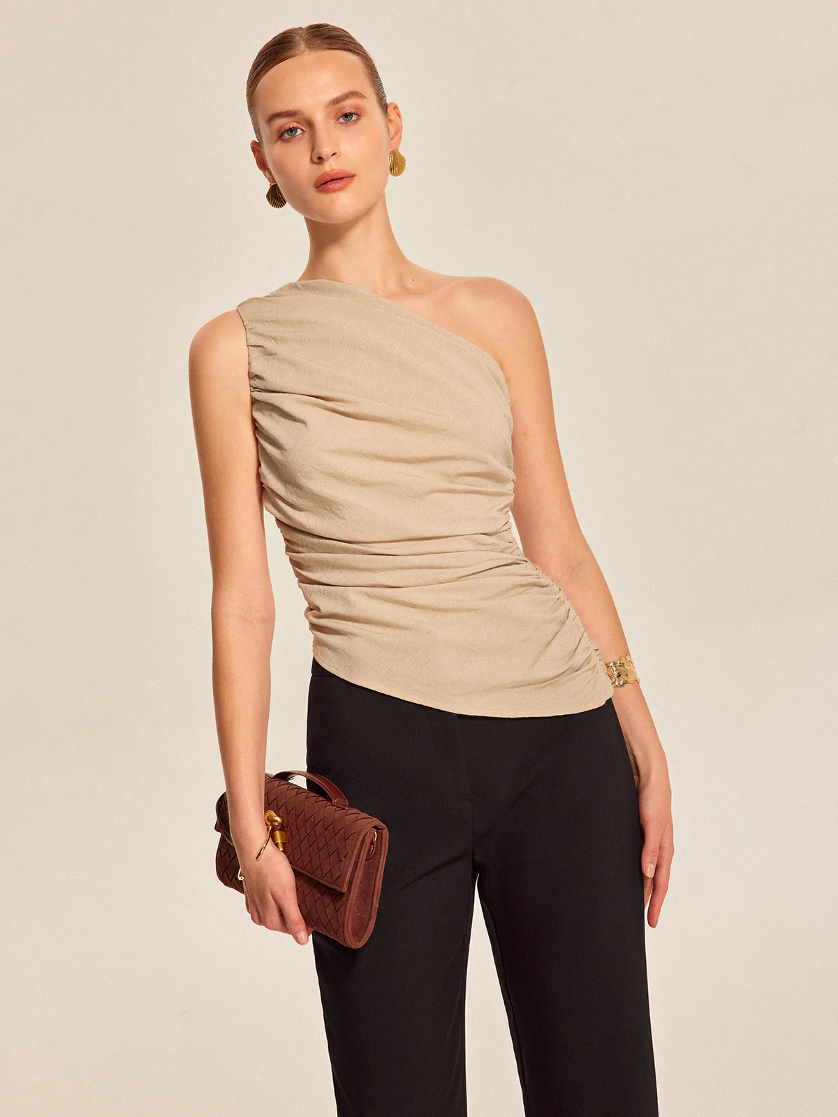 Ruched Side One-Shoulder Top - Takermore