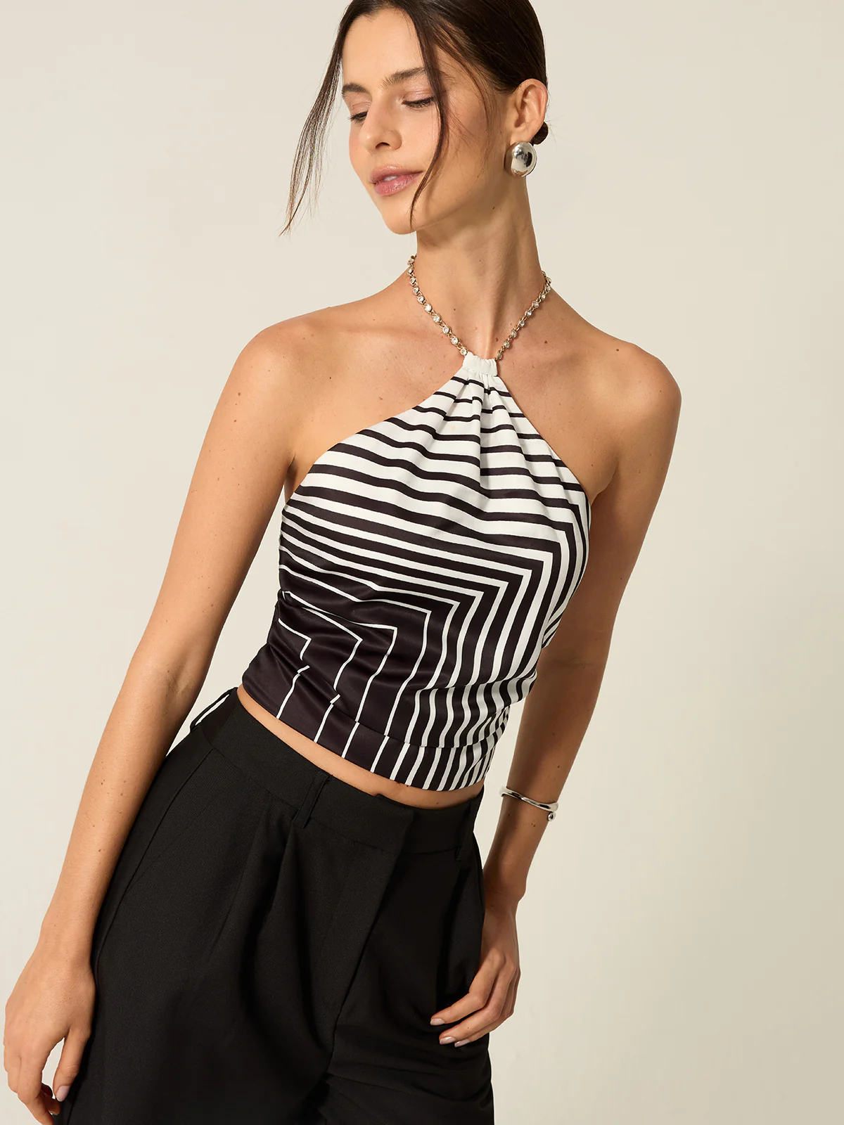 Striped Halter Top with Chain Strap - Takermore