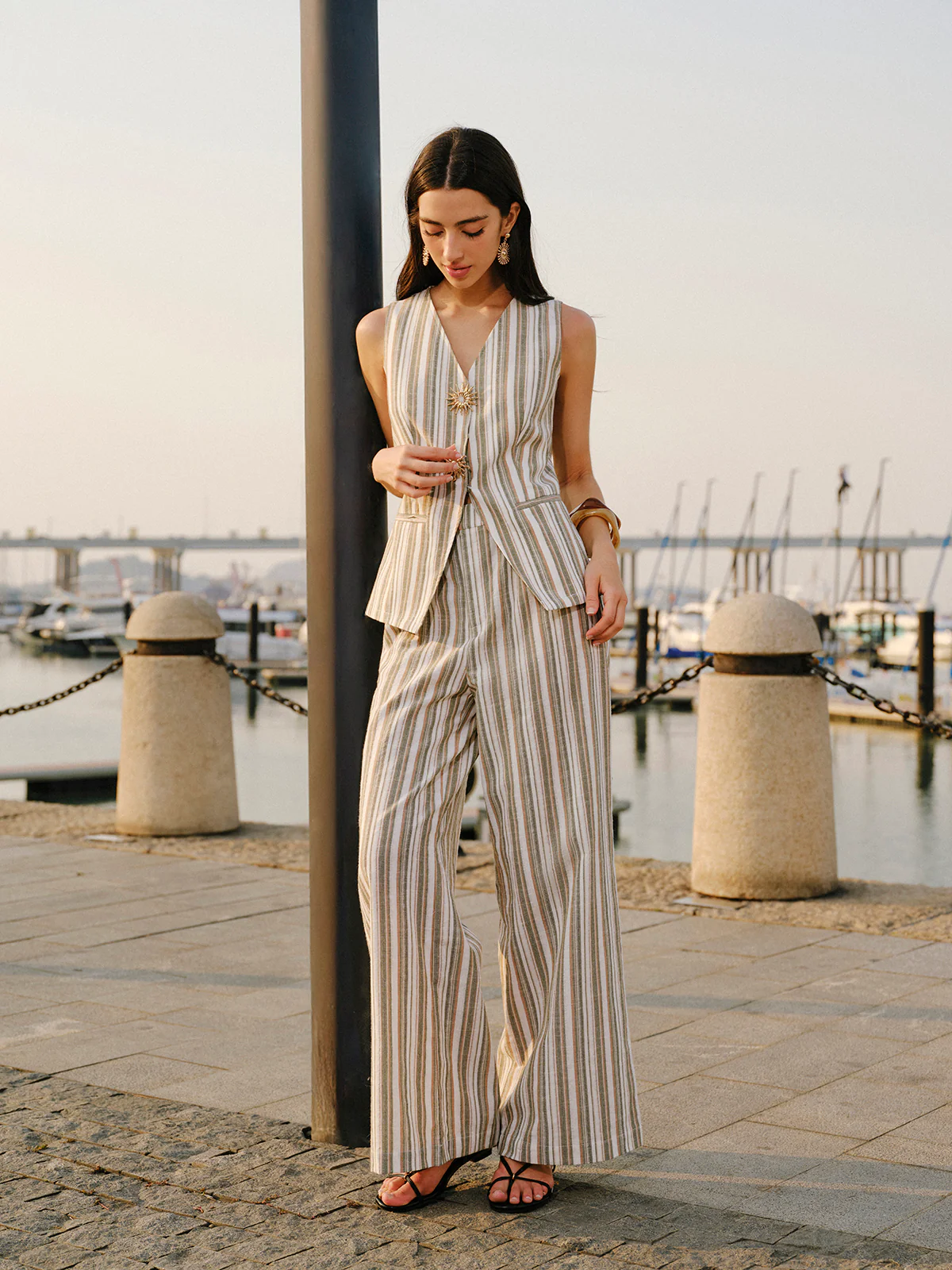 Linen & Cotton Mid-Waist Striped Wide-Leg Pants - Takermore