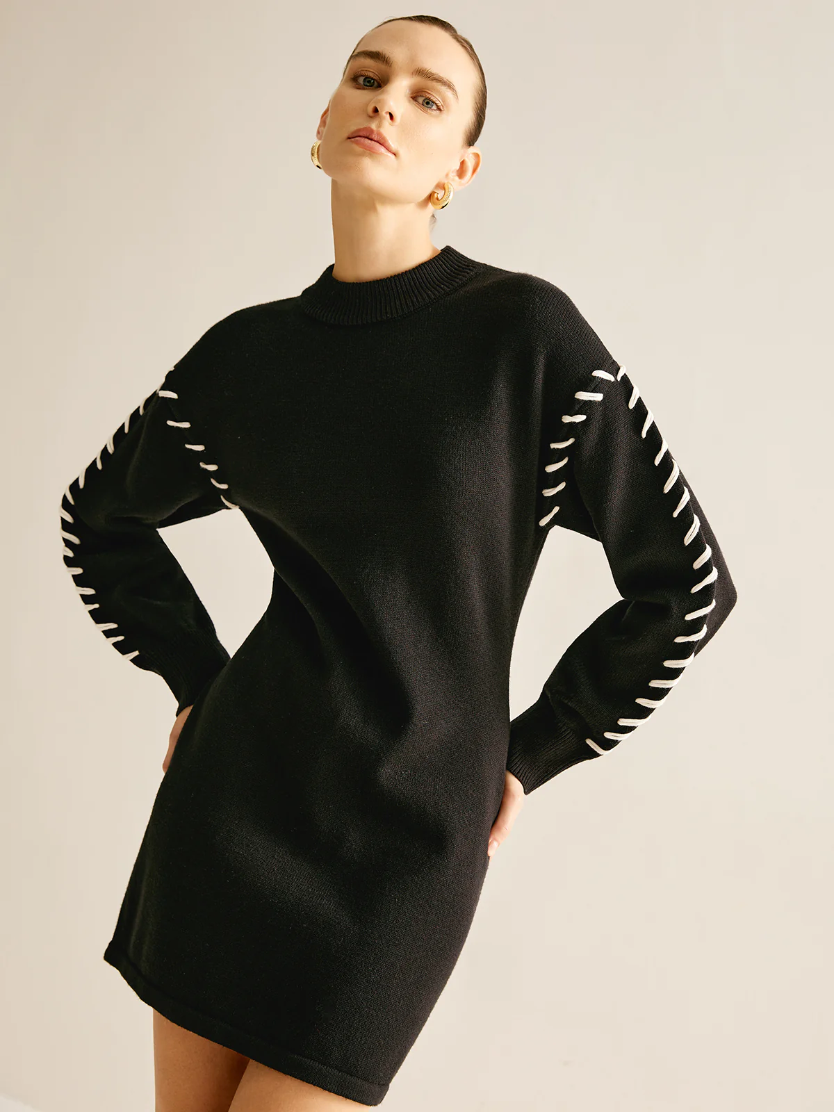 Contrast Trim Sweater Short Dress - Takermore