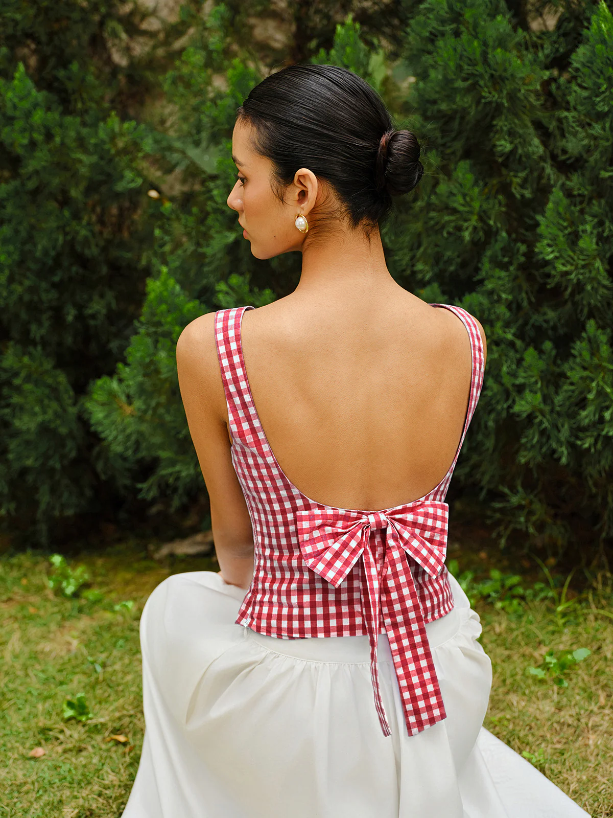 Checkerboard Bow Back Crop Top - Takermore