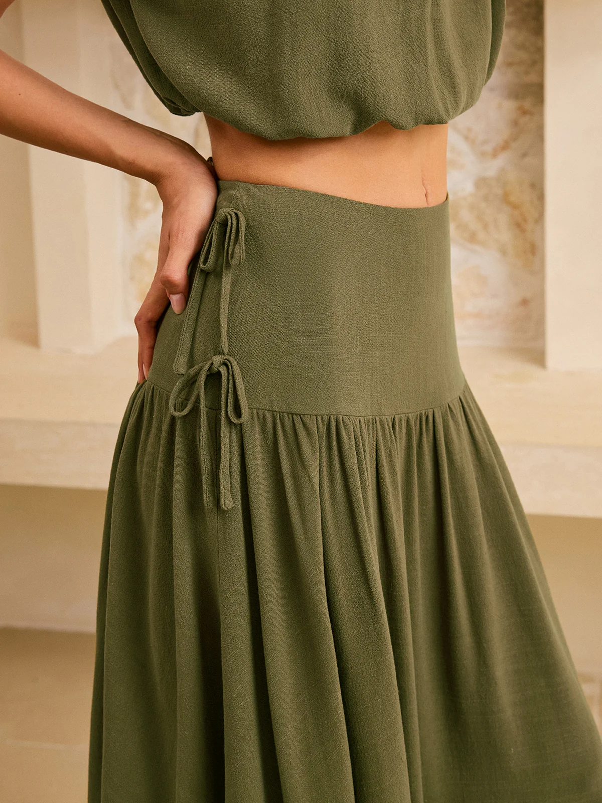 Tie-Detail Crop Top and Maxi Ruffled Skirt Set - Takermore