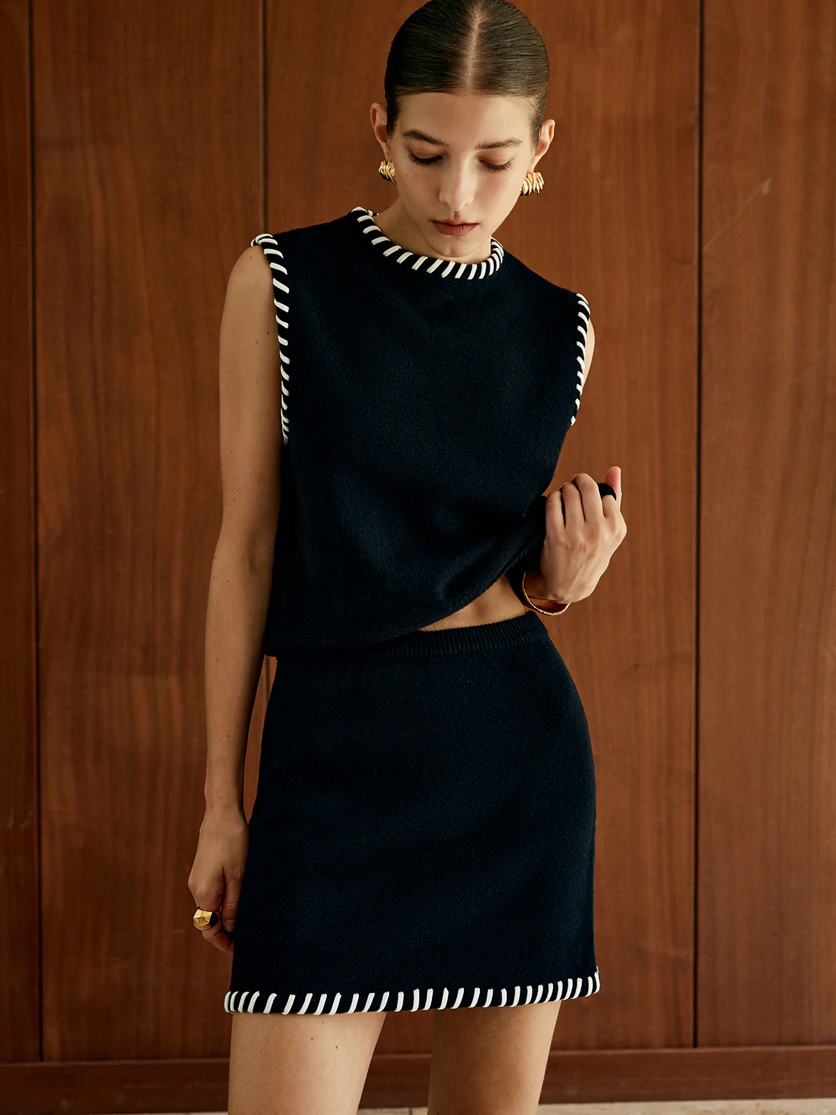 Contrast Trim Sleeveless Skirt Set - Takermore